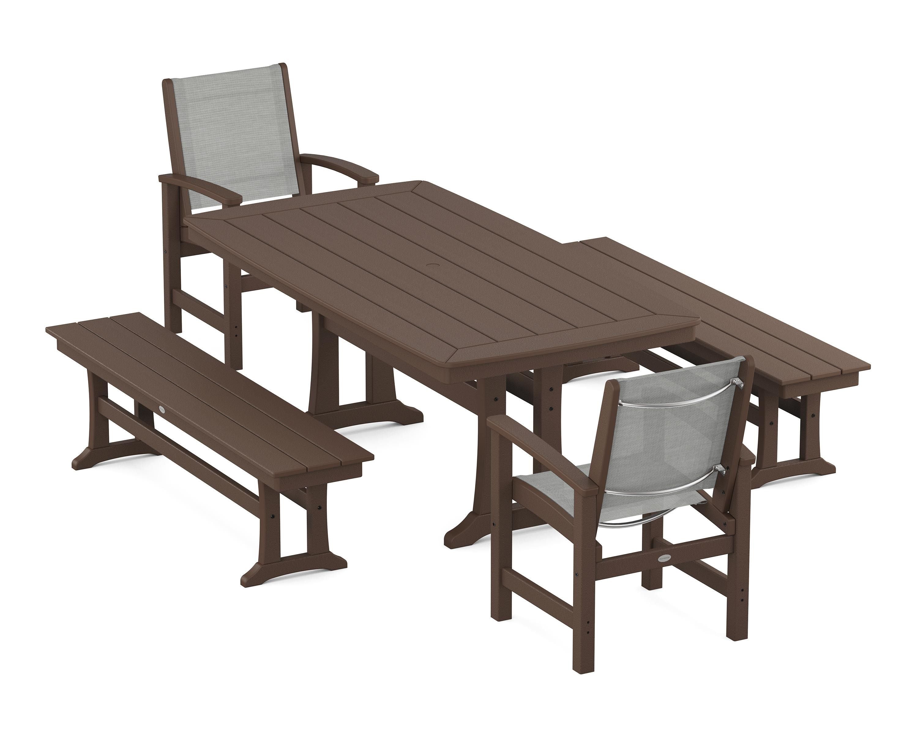 POLYWOOD Coastal 5-Piece Dining Set with Trestle Legs and Benches in Mahogany / Metallic Sling