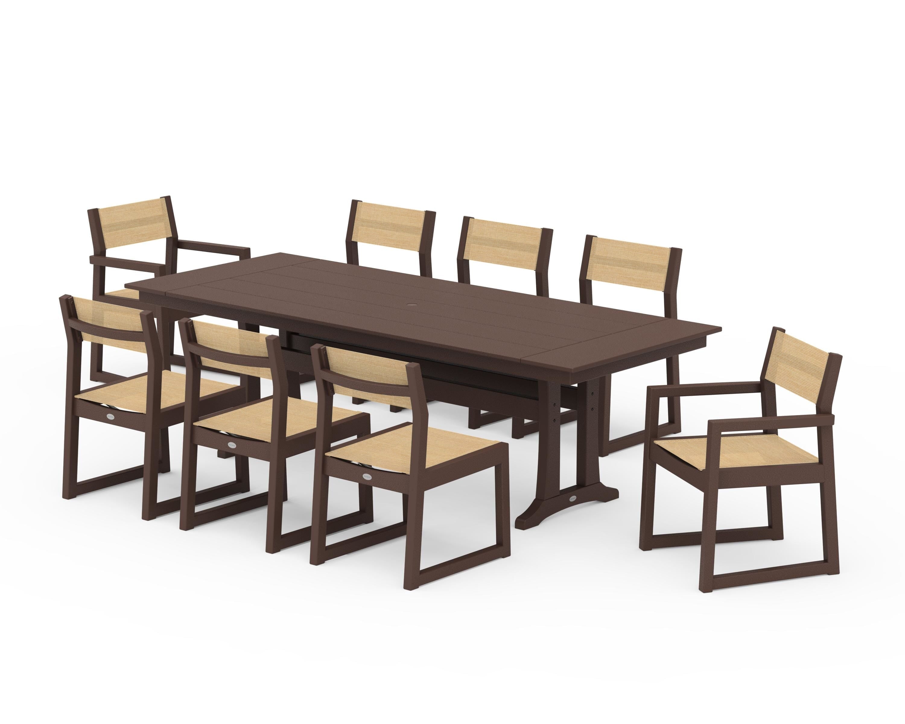 POLYWOOD EDGE Sling 9-Piece Farmhouse Trestle Dining Set in Mahogany / Dupioni Apricot Sling