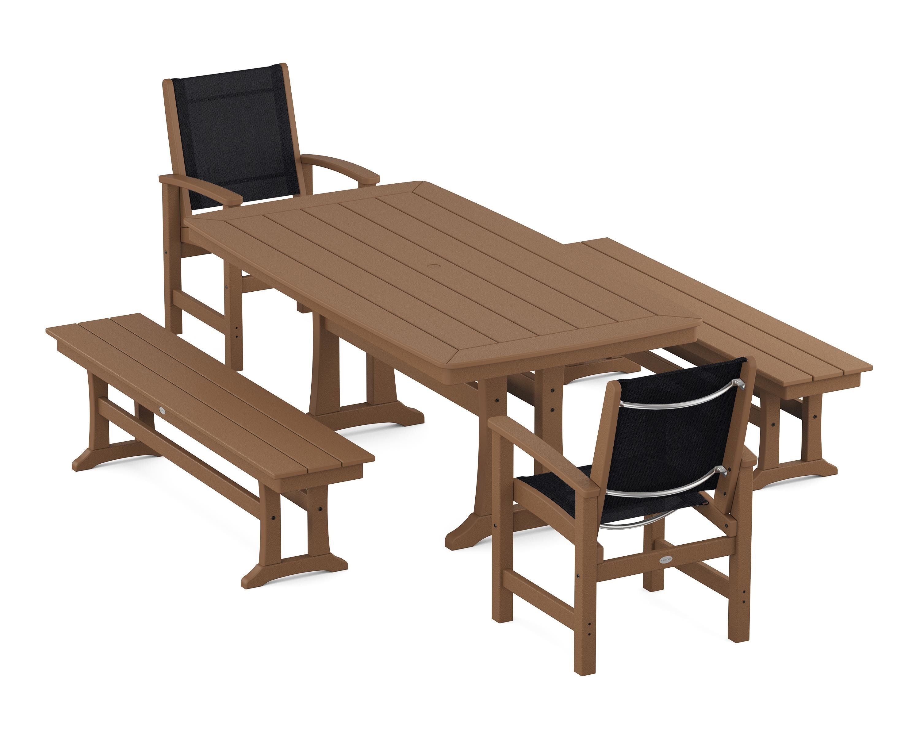 POLYWOOD Coastal 5-Piece Dining Set with Trestle Legs and Benches in Teak / Black Sling