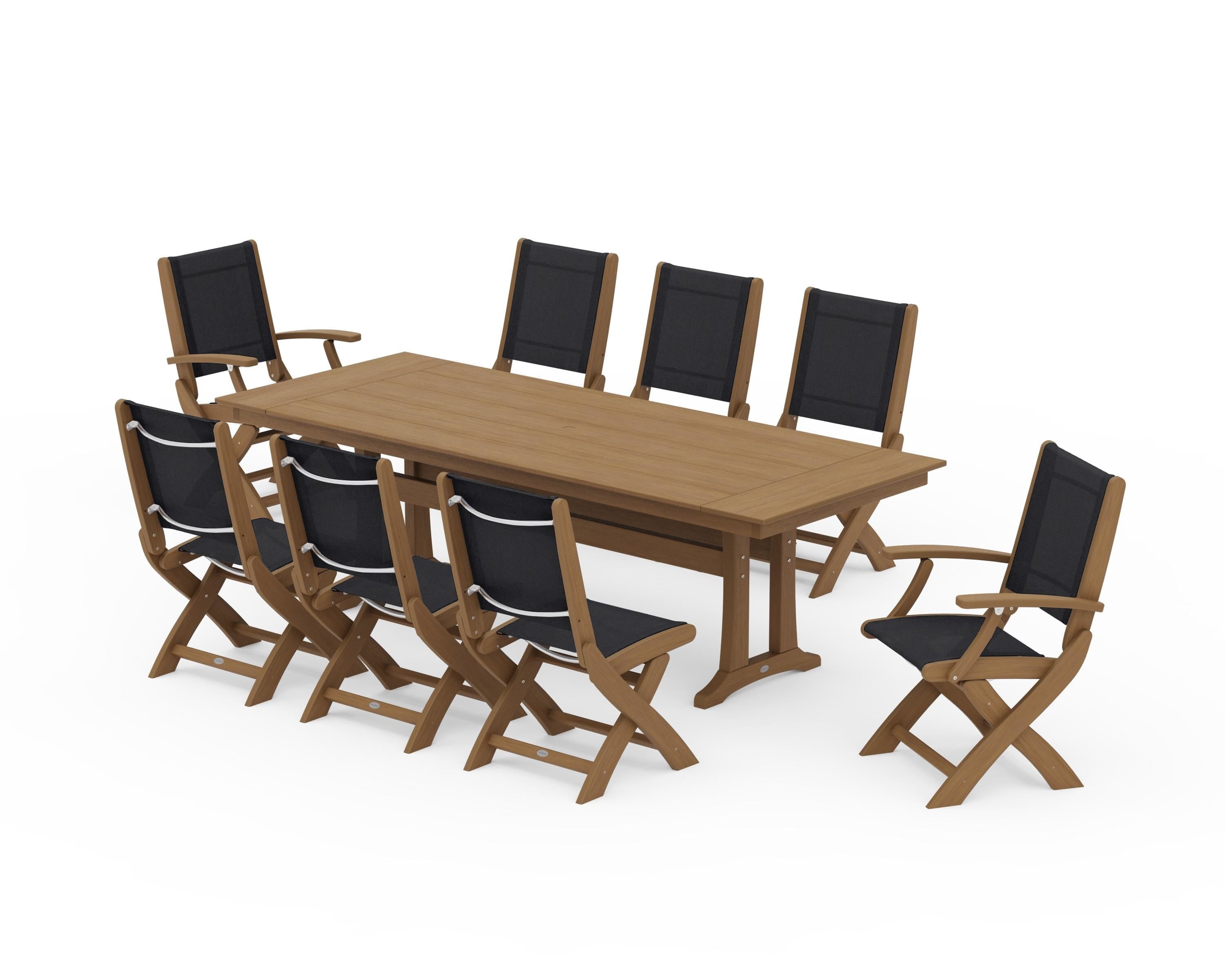POLYWOOD Coastal 9-Piece Folding Dining Chair Farmhouse Dining Set with Trestle Legs in Natural / Black Sling