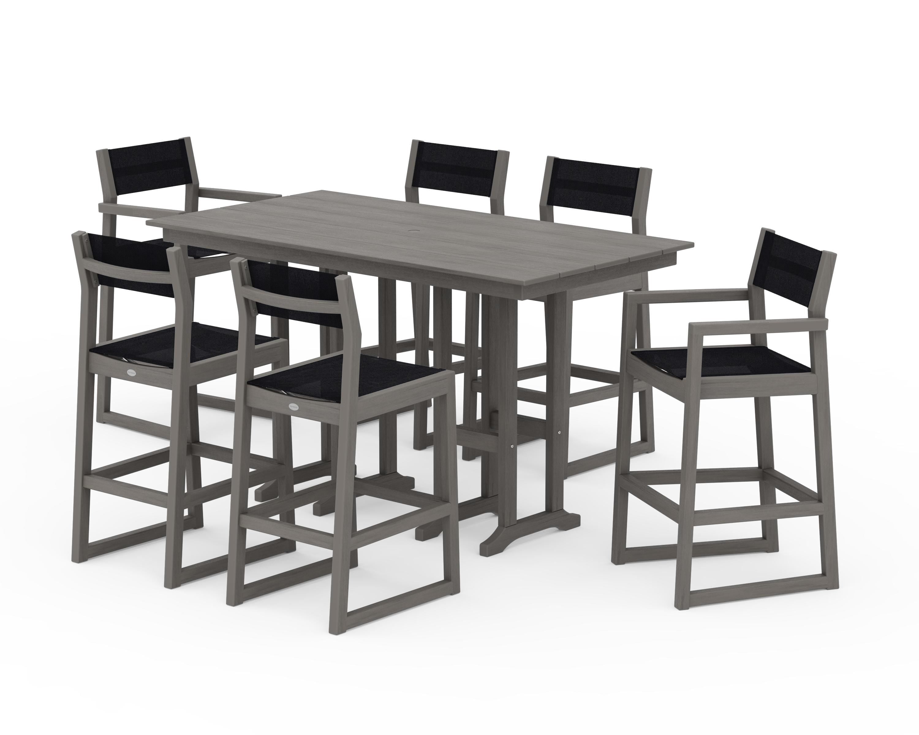 POLYWOOD EDGE Sling 7-Piece Farmhouse Bar Set in Driftwood / Black Sling