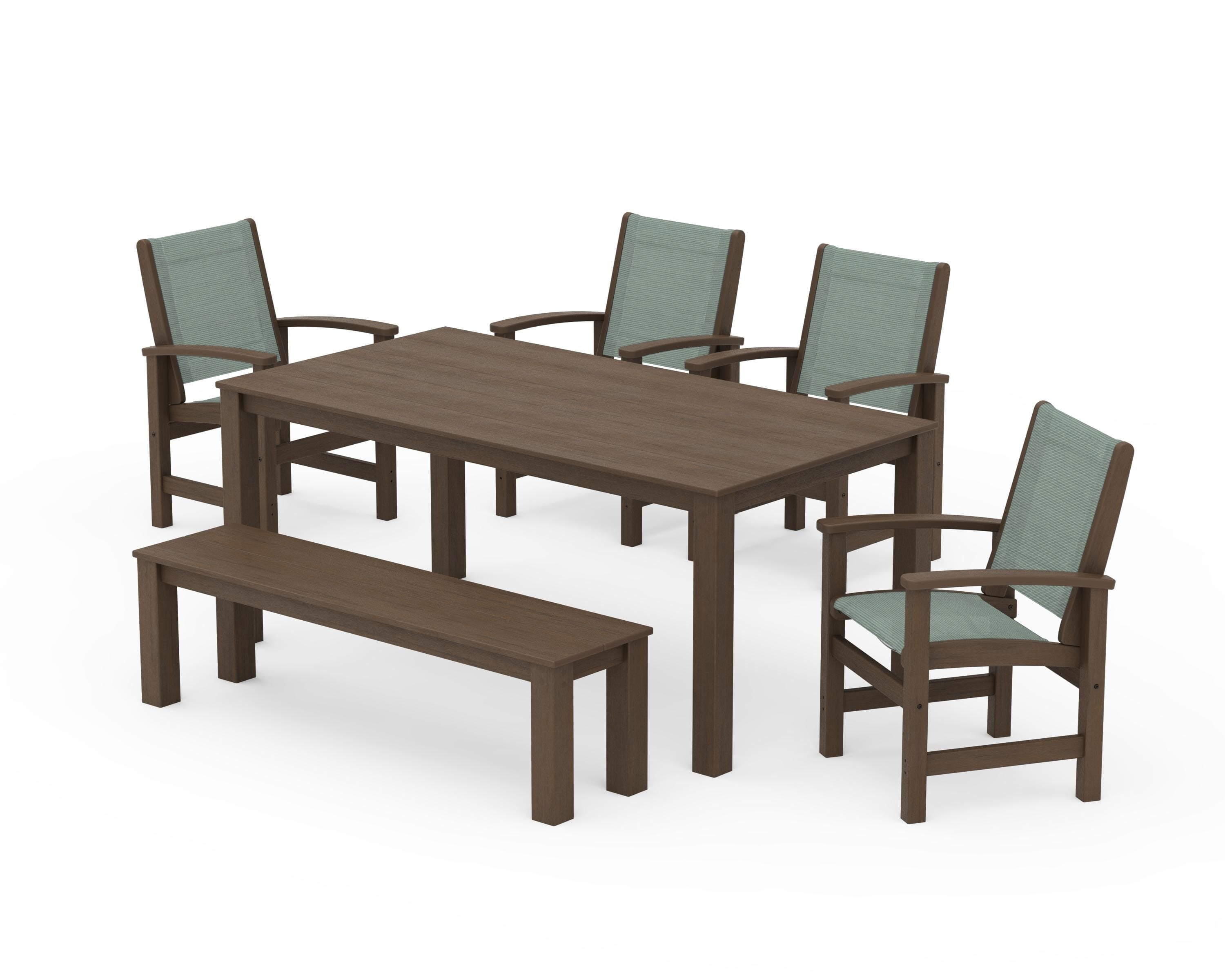 POLYWOOD Coastal 6-Piece Parsons Dining Set with Bench in Kona / Dupioni Sea Mist Sling