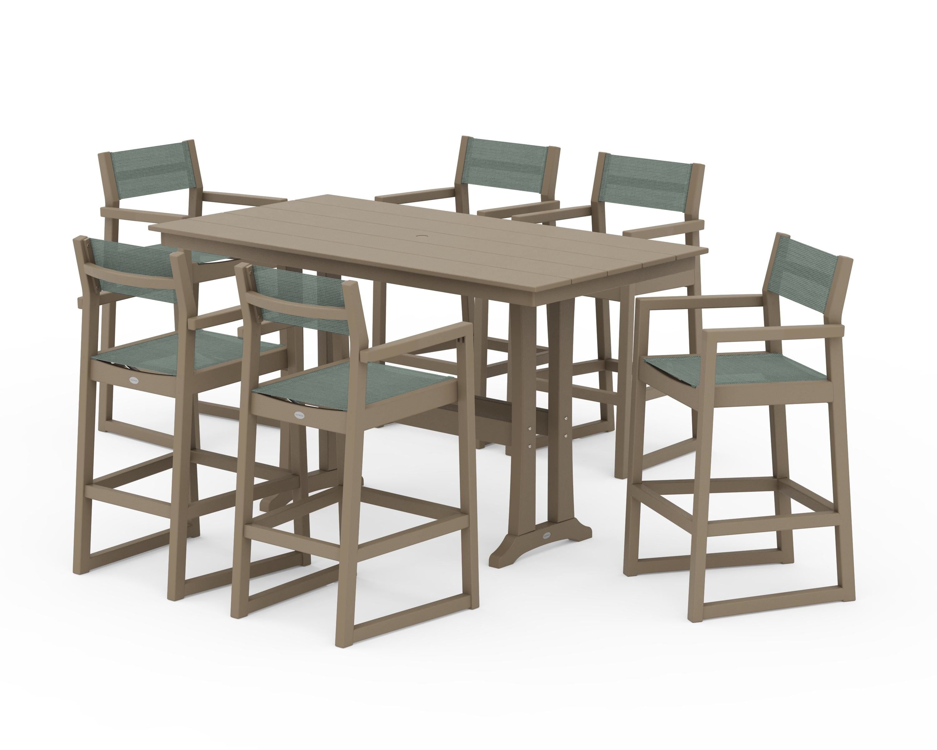POLYWOOD EDGE Sling Arm Chair 7-Piece Farmhouse Bar Set with Trestle Legs in Vintage Sahara / Dupioni Sea Mist Sling