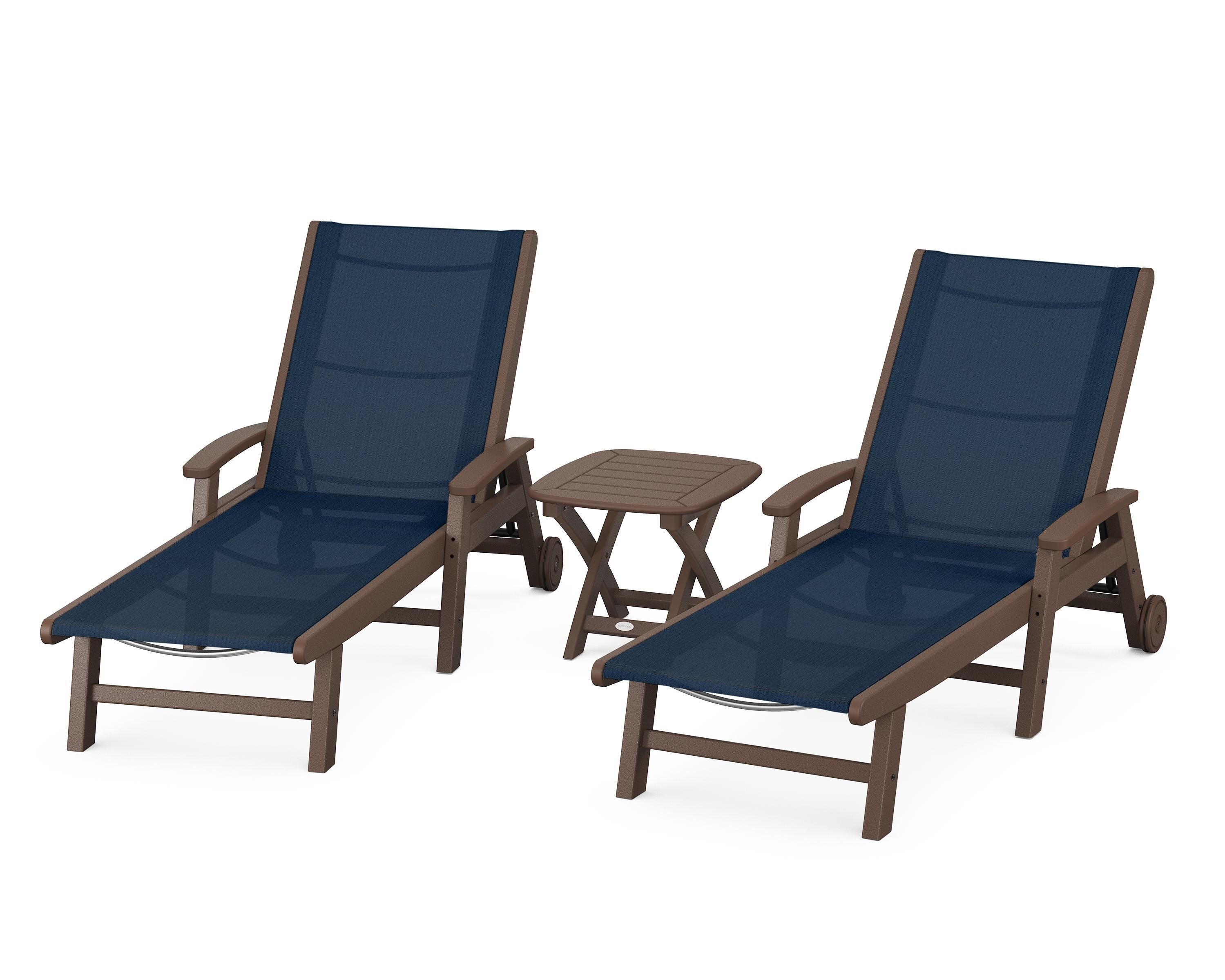 POLYWOOD Coastal 3-Piece Wheeled Chaise Set in Mahogany / Navy Blue Sling