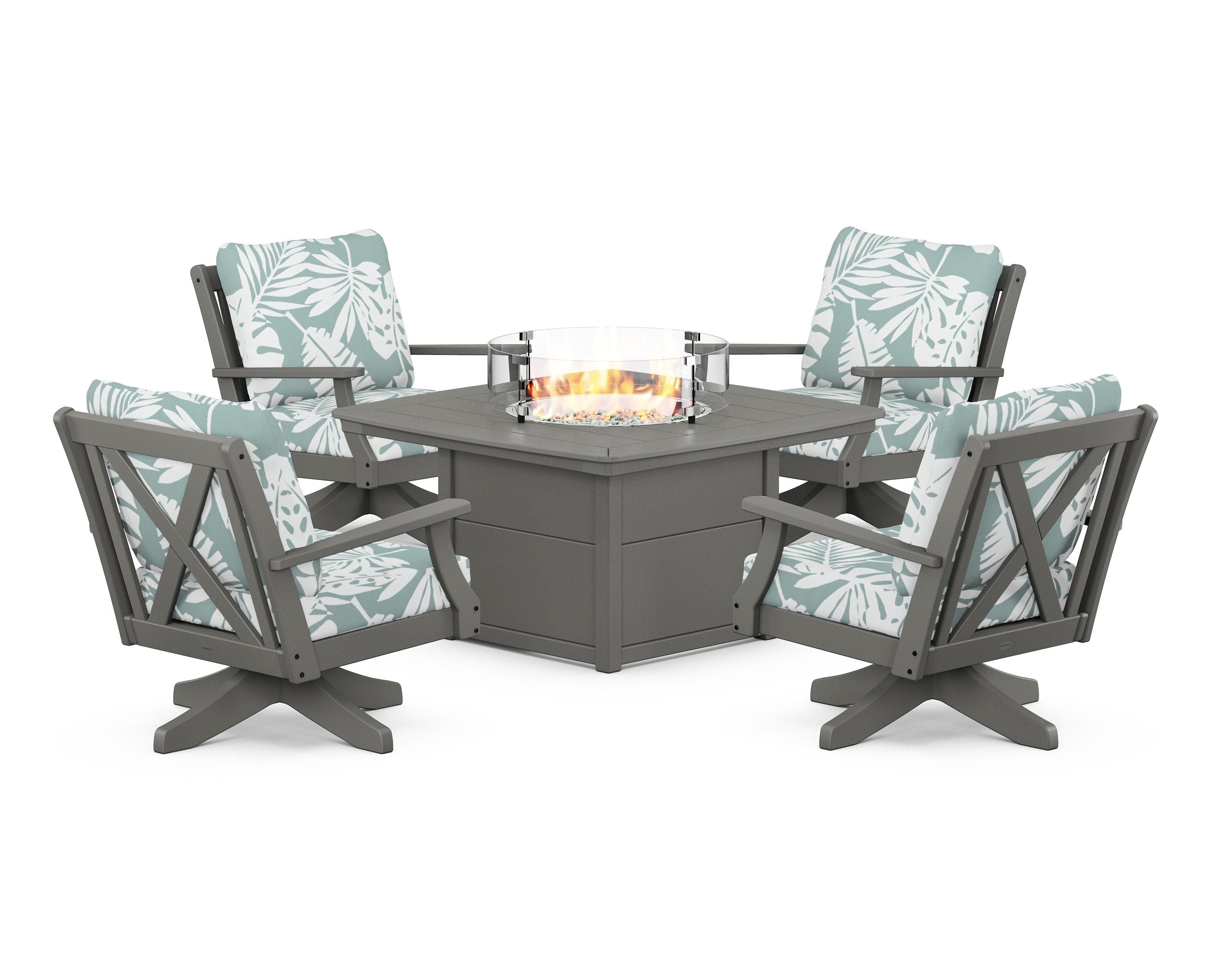 POLYWOOD Braxton 5-Piece Deep Seating Swivel Conversation Set with Fire Pit Table in Slate Grey / Leaf Glacier Spa