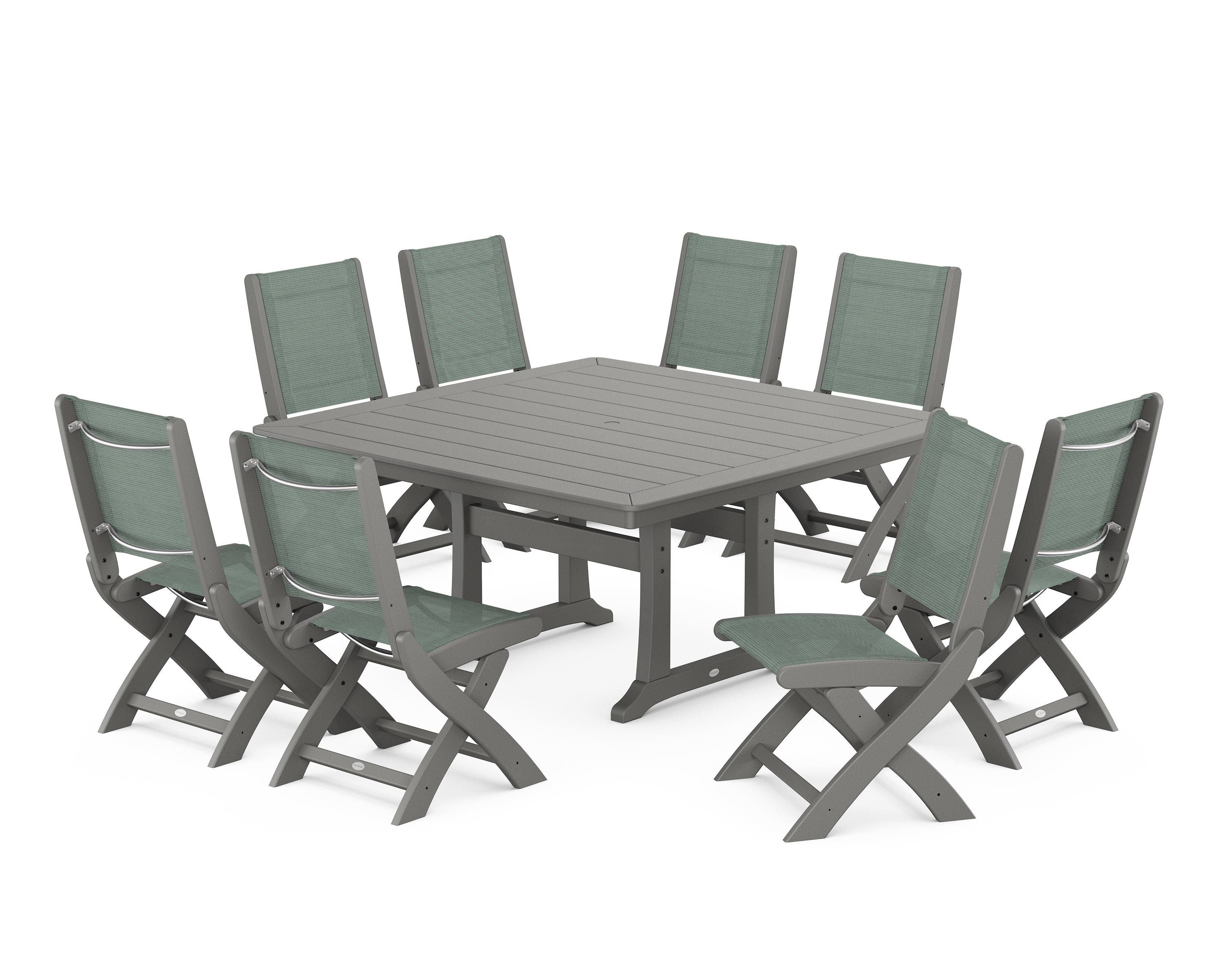 POLYWOOD Coastal Folding Side Chair 9-Piece Dining Set with Trestle Legs in Slate Grey / Dupioni Sea Mist Sling