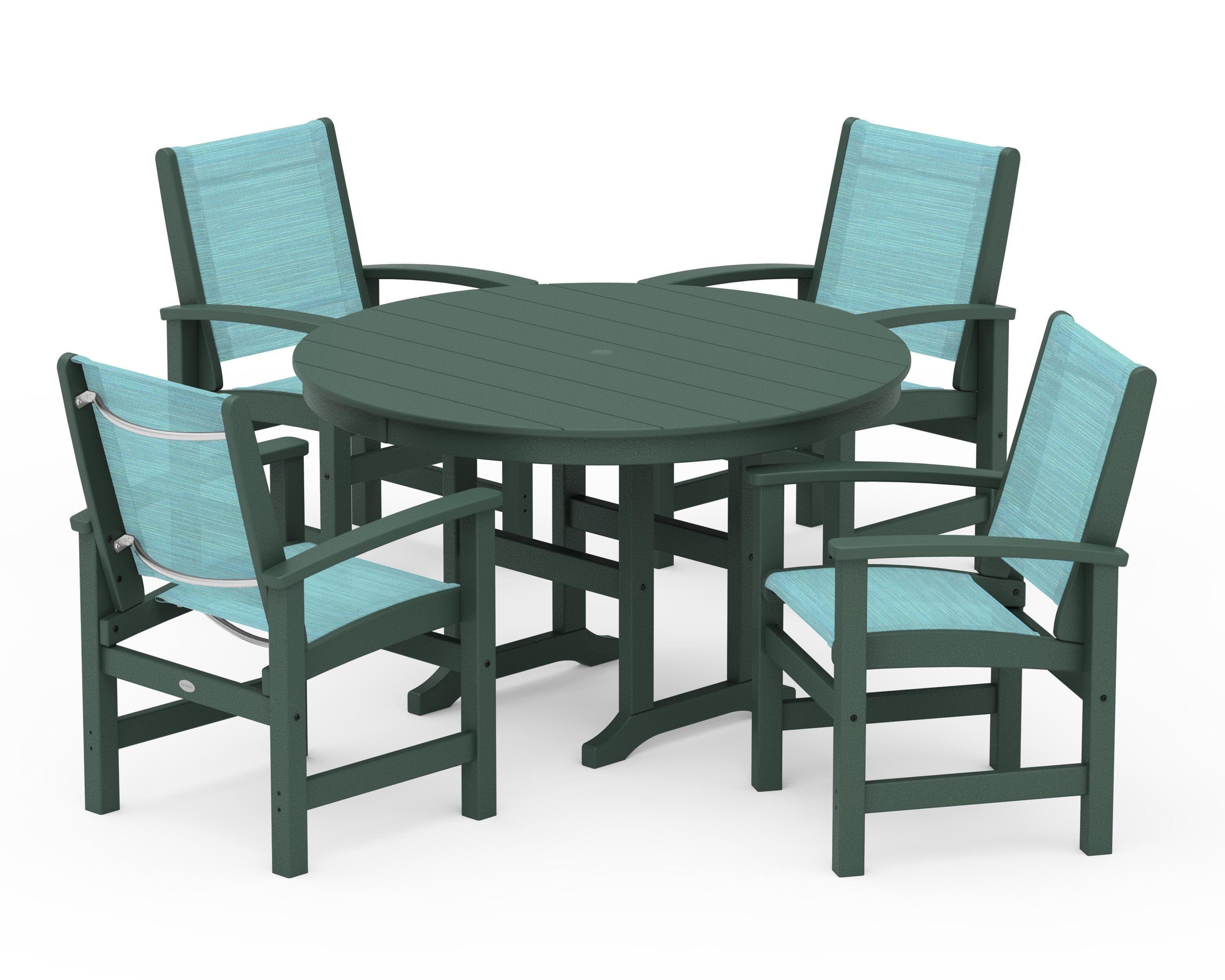 POLYWOOD Coastal 5-Piece Round Farmhouse Dining Set in Green / Dupioni Aquamarine Sling
