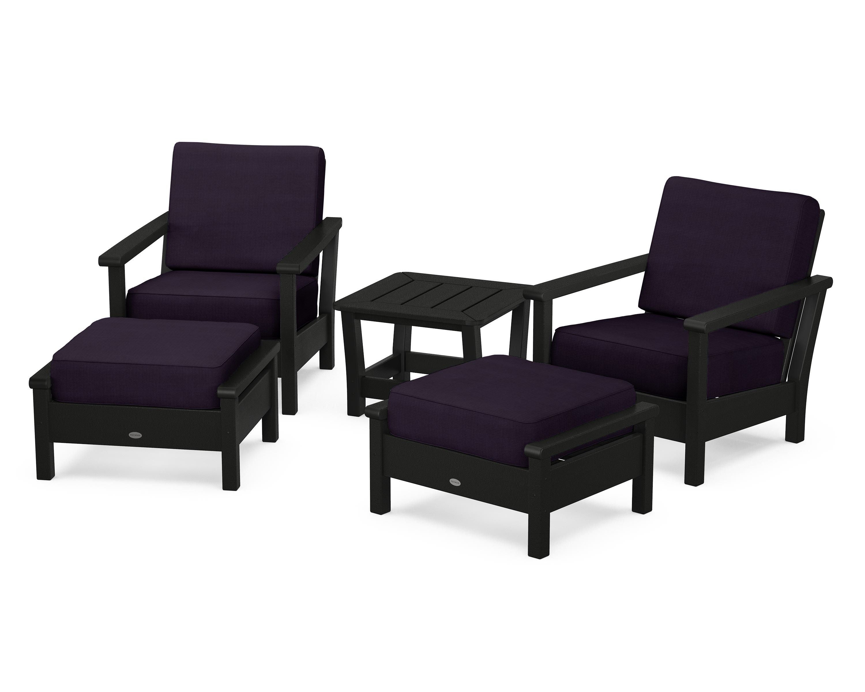 POLYWOOD Harbour 5-Piece Deep Seating Chair Set in Black / Navy Linen