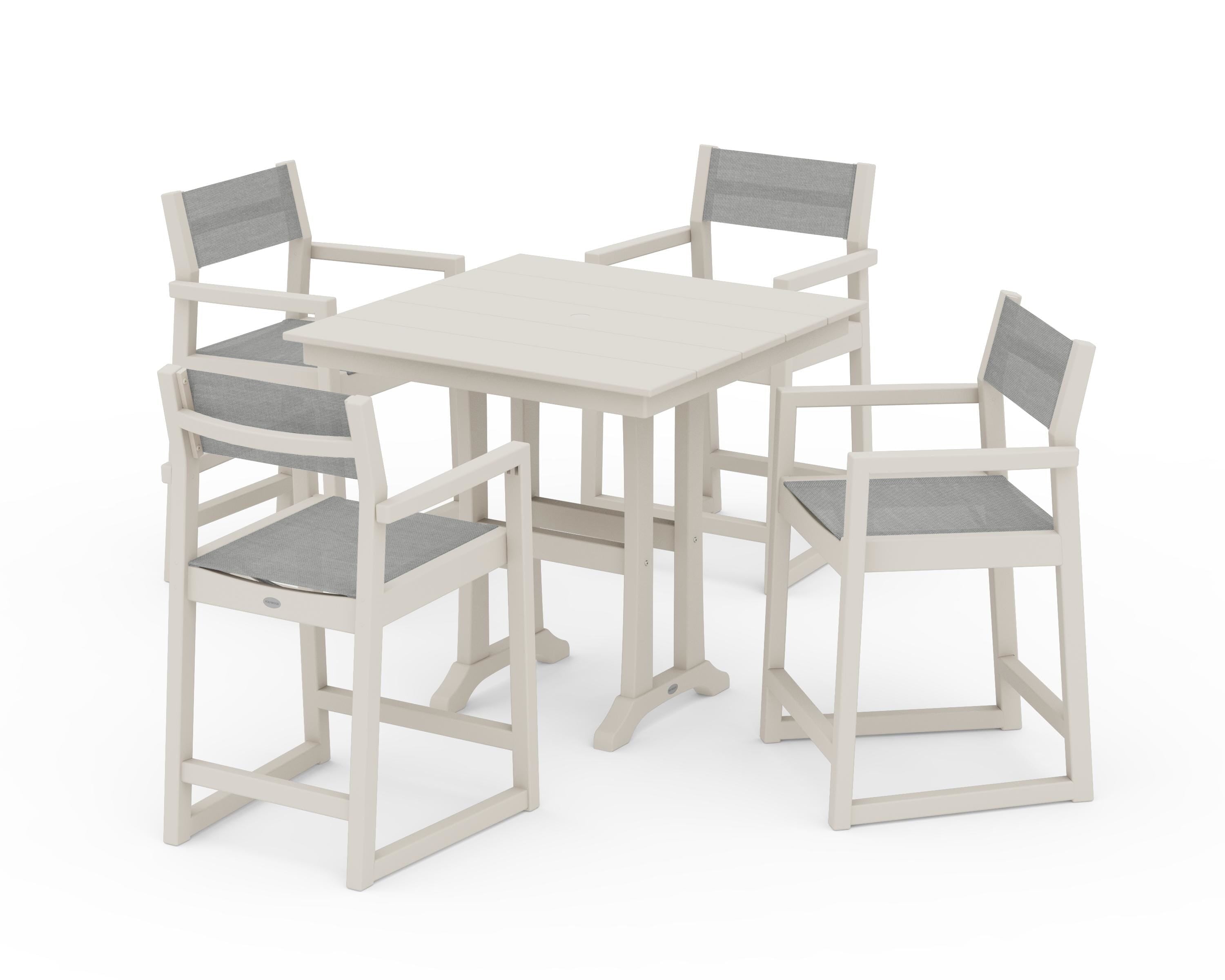 POLYWOOD EDGE Sling Arm Chair 5-Piece Farmhouse Counter Set with Trestle Legs in Sand / Metallic Sling