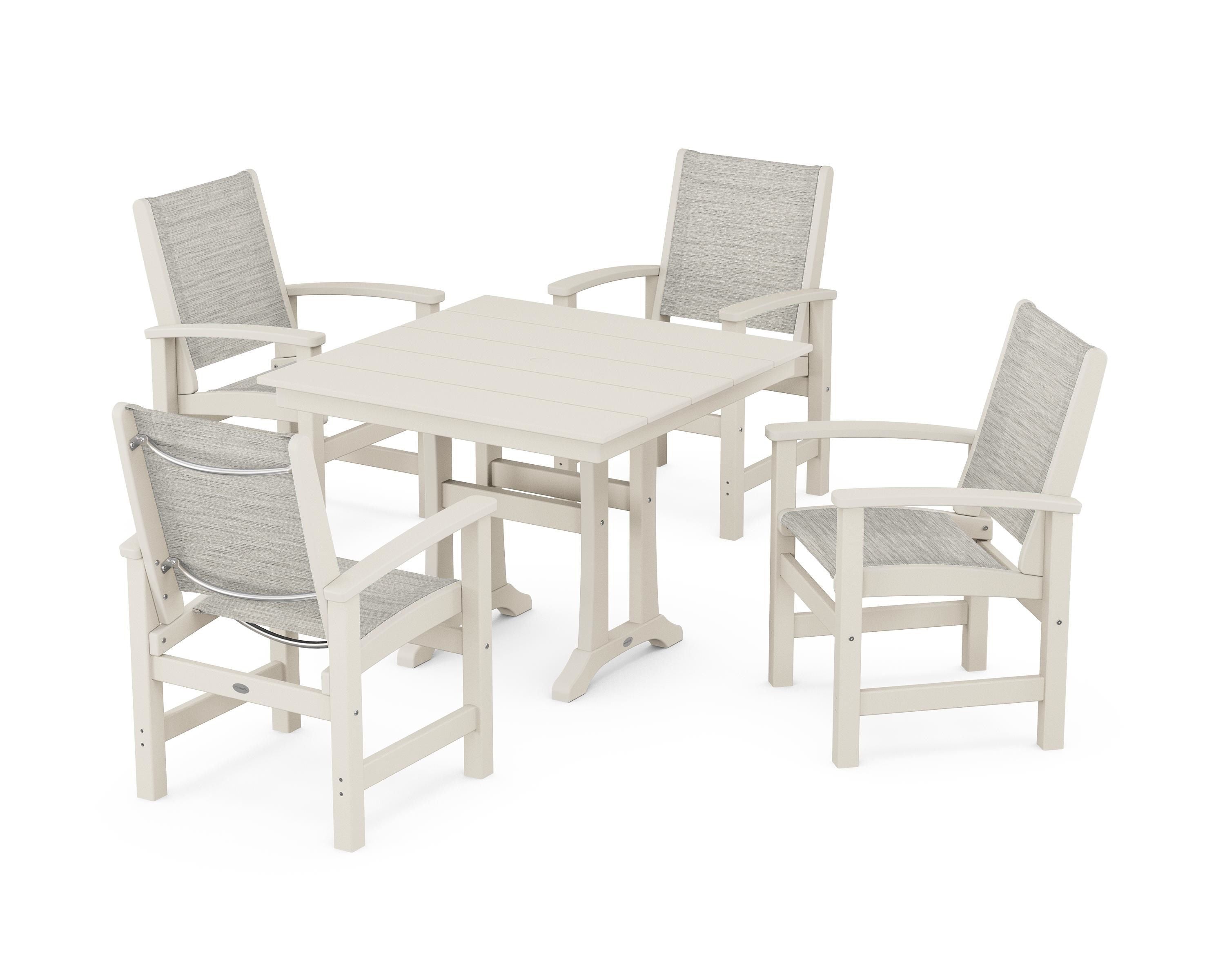 POLYWOOD Coastal 5-Piece Farmhouse Dining Set With Trestle Legs in Sand / Birch Sling