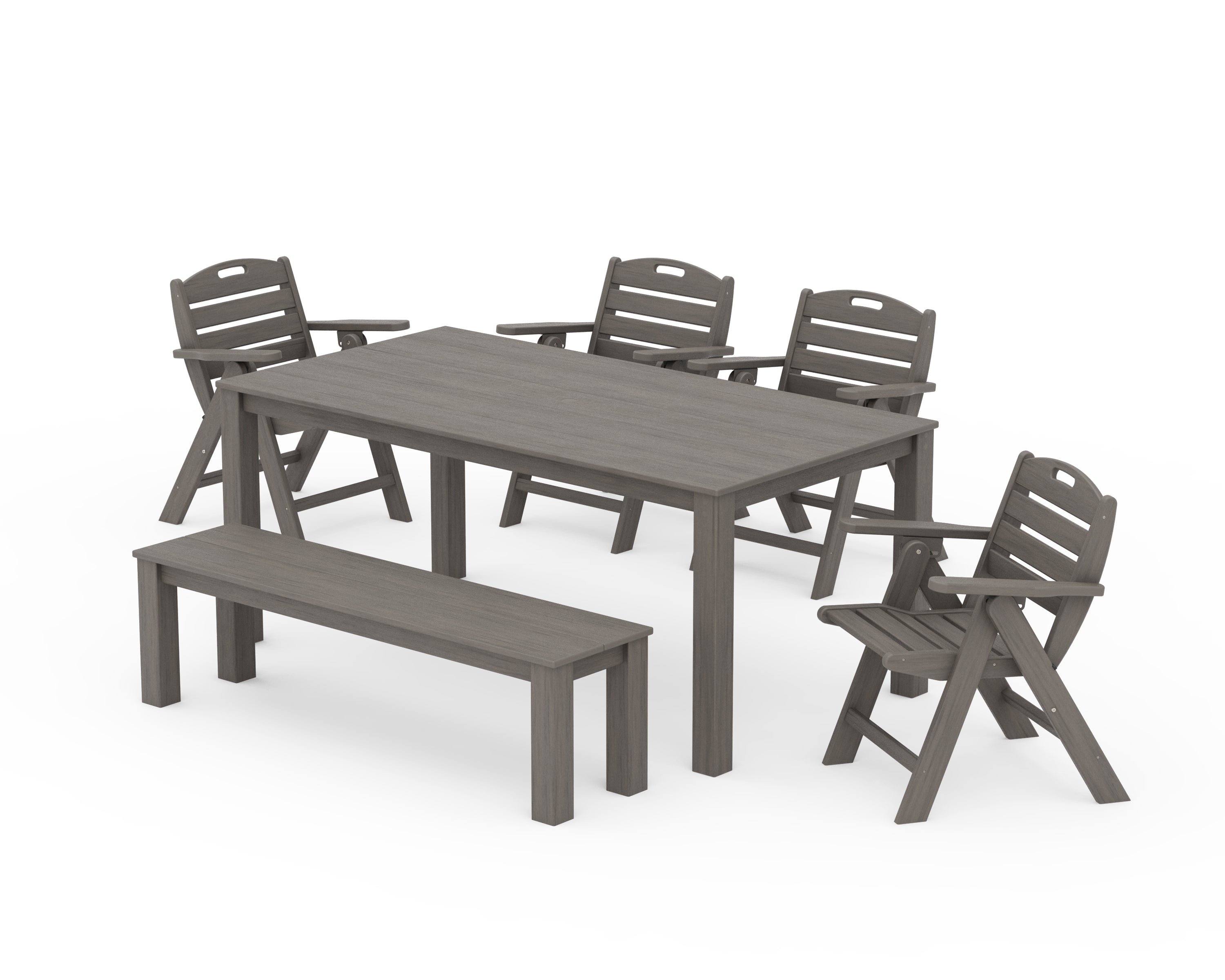 POLYWOOD Nautical Folding Lowback Chair 6-Piece Parsons Dining Set with Bench in Driftwood