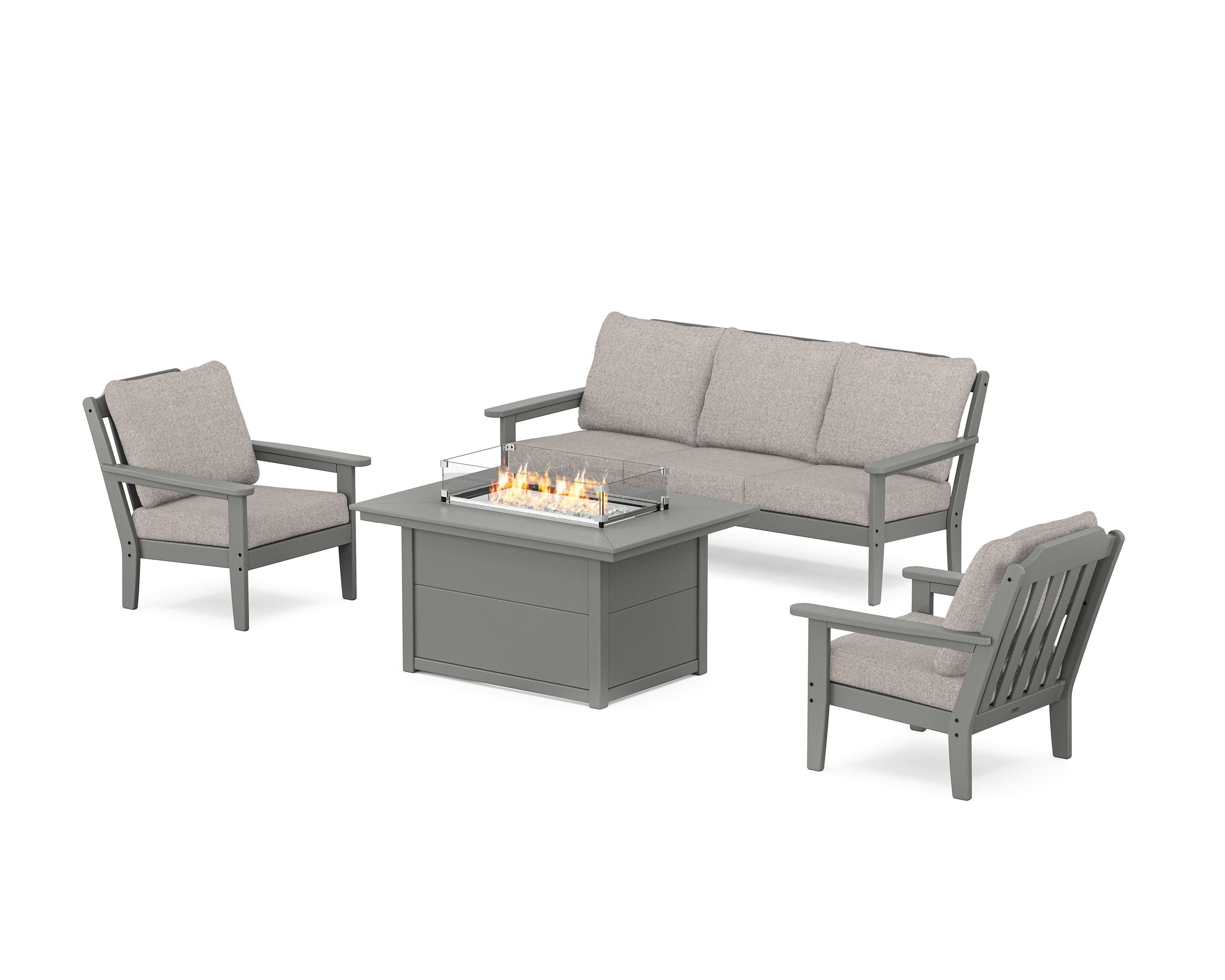Country Living Cottage Deep Seating Fire Pit Table Set in Slate Grey / Weathered Tweed