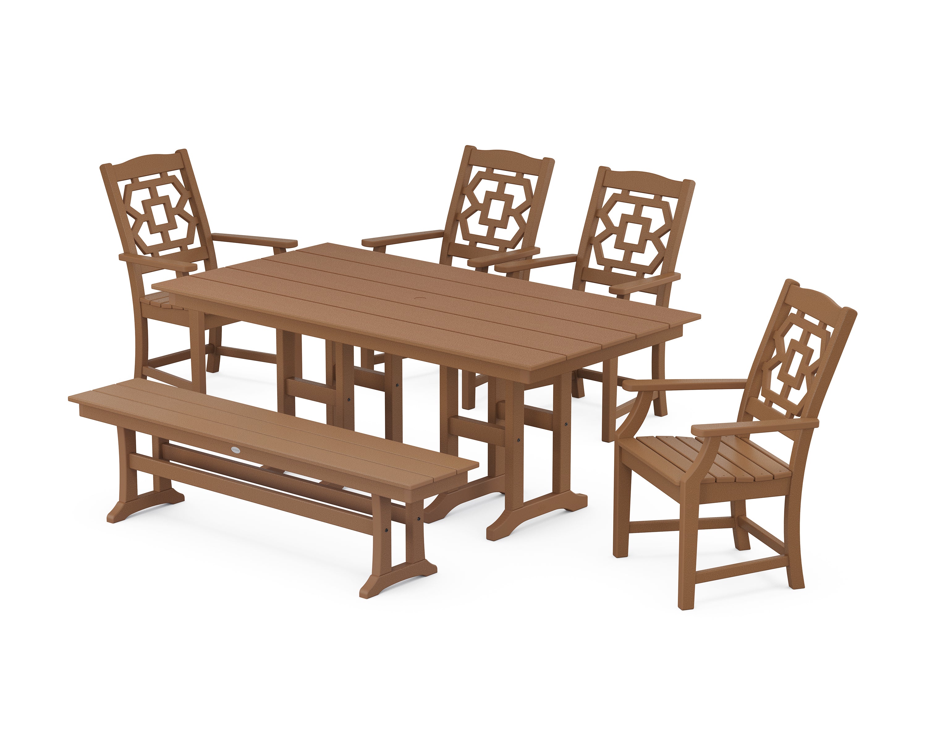 Martha Stewart by POLYWOOD® Chinoiserie 6-Piece Farmhouse Dining Set with Bench in Teak