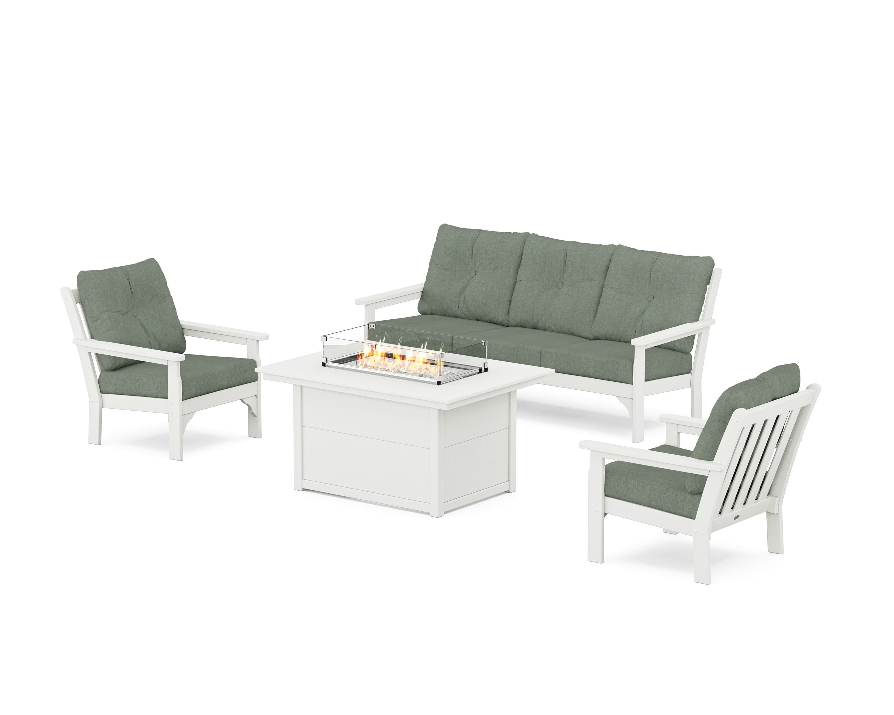POLYWOOD Vineyard Deep Seating Fire Pit Table Set in Vintage White / Cast Sage