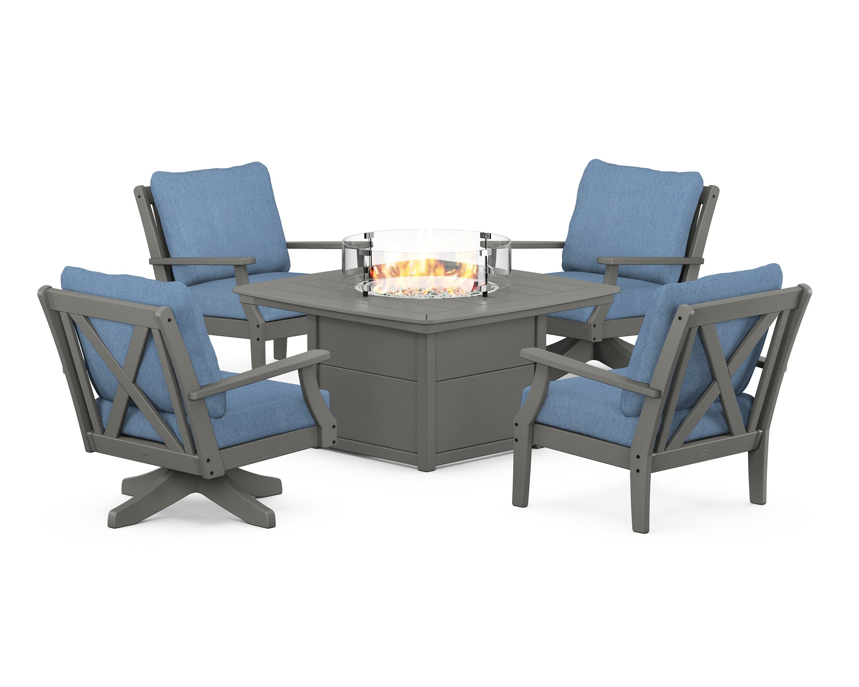POLYWOOD Braxton 5-Piece Deep Seating Set with Fire Table in Slate Grey / Sky Blue