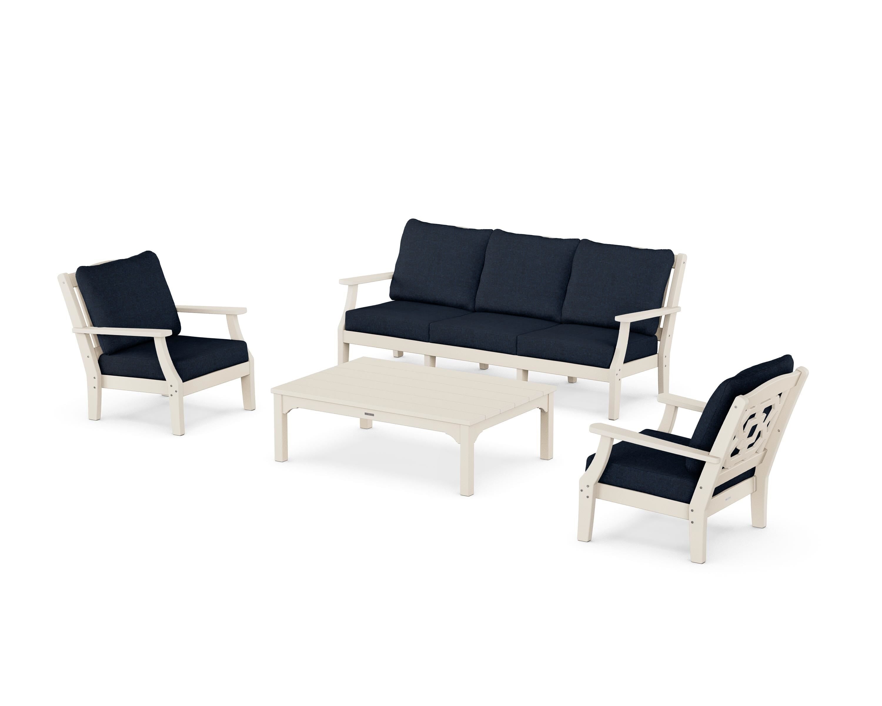 Martha Stewart by POLYWOOD Chinoiserie 4-Piece Deep Seating Set with Sofa in Sand / Marine Indigo