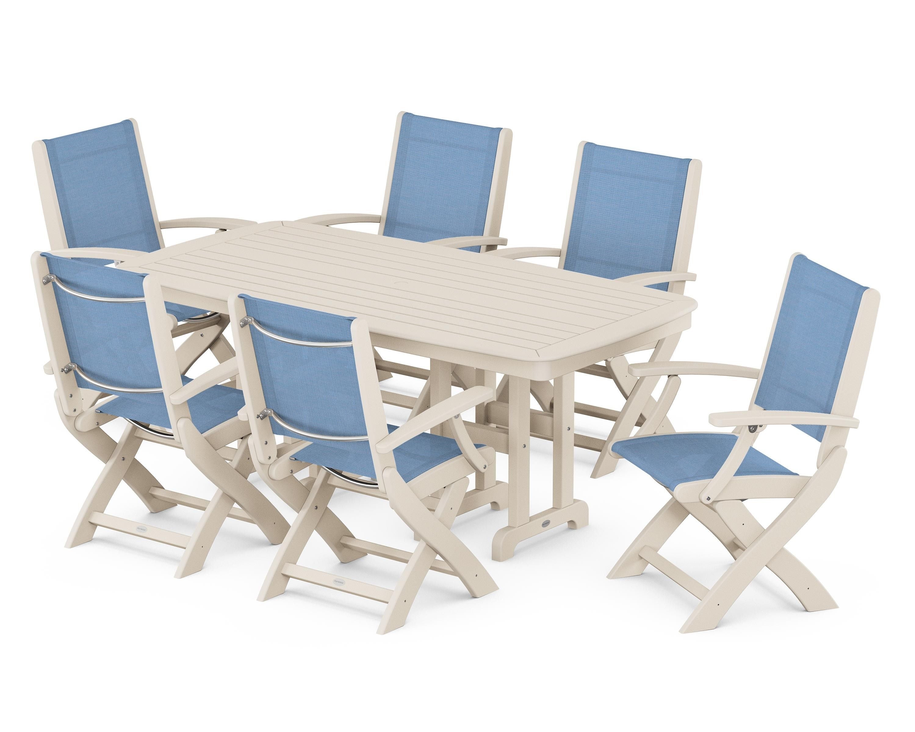 POLYWOOD Coastal Folding Arm Chair 7-Piece Dining Set in Sand / Poolside Sling