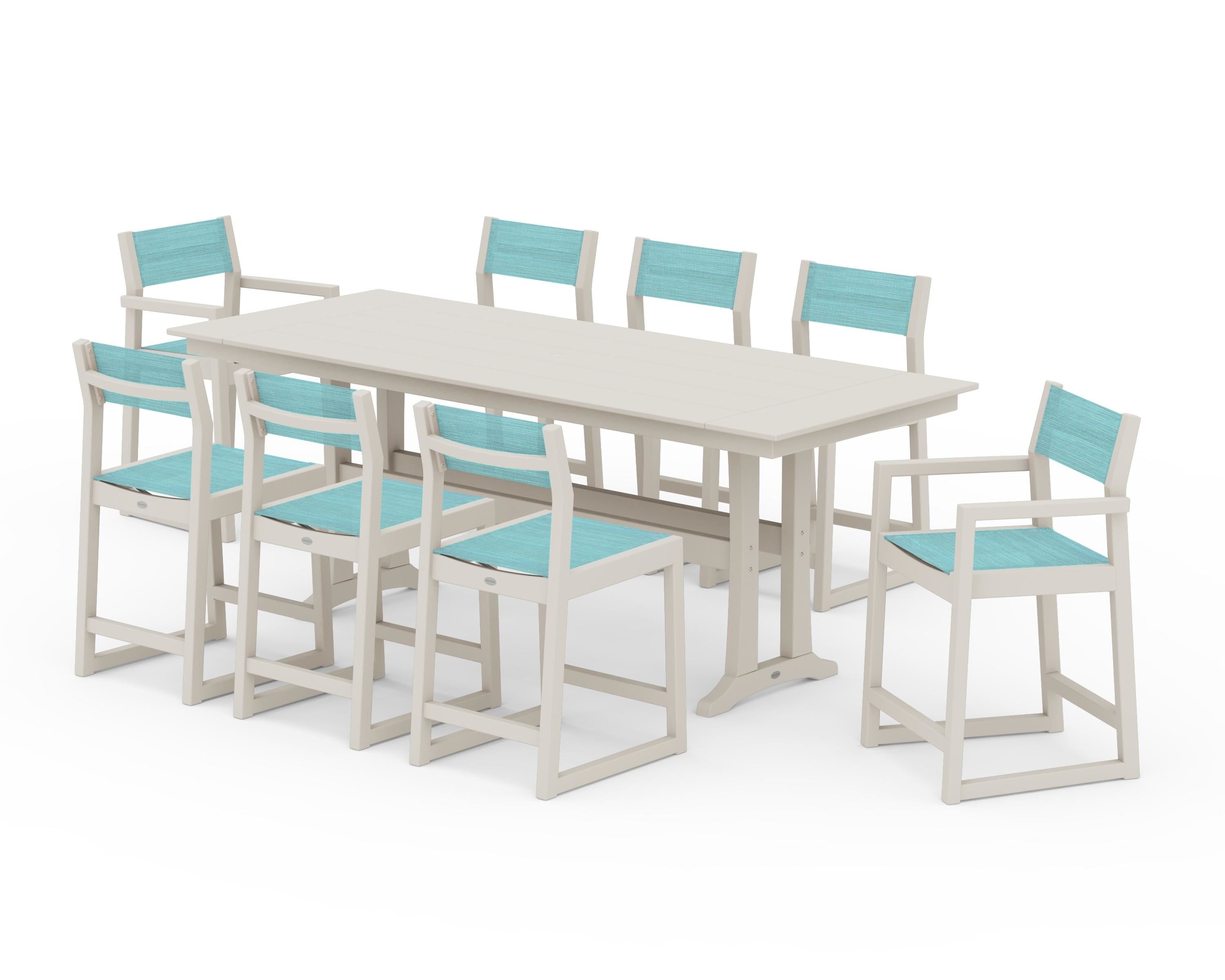 POLYWOOD EDGE Sling 9-Piece Farmhouse Counter Set with Trestle Legs in Sand / Dupioni Aquamarine Sling