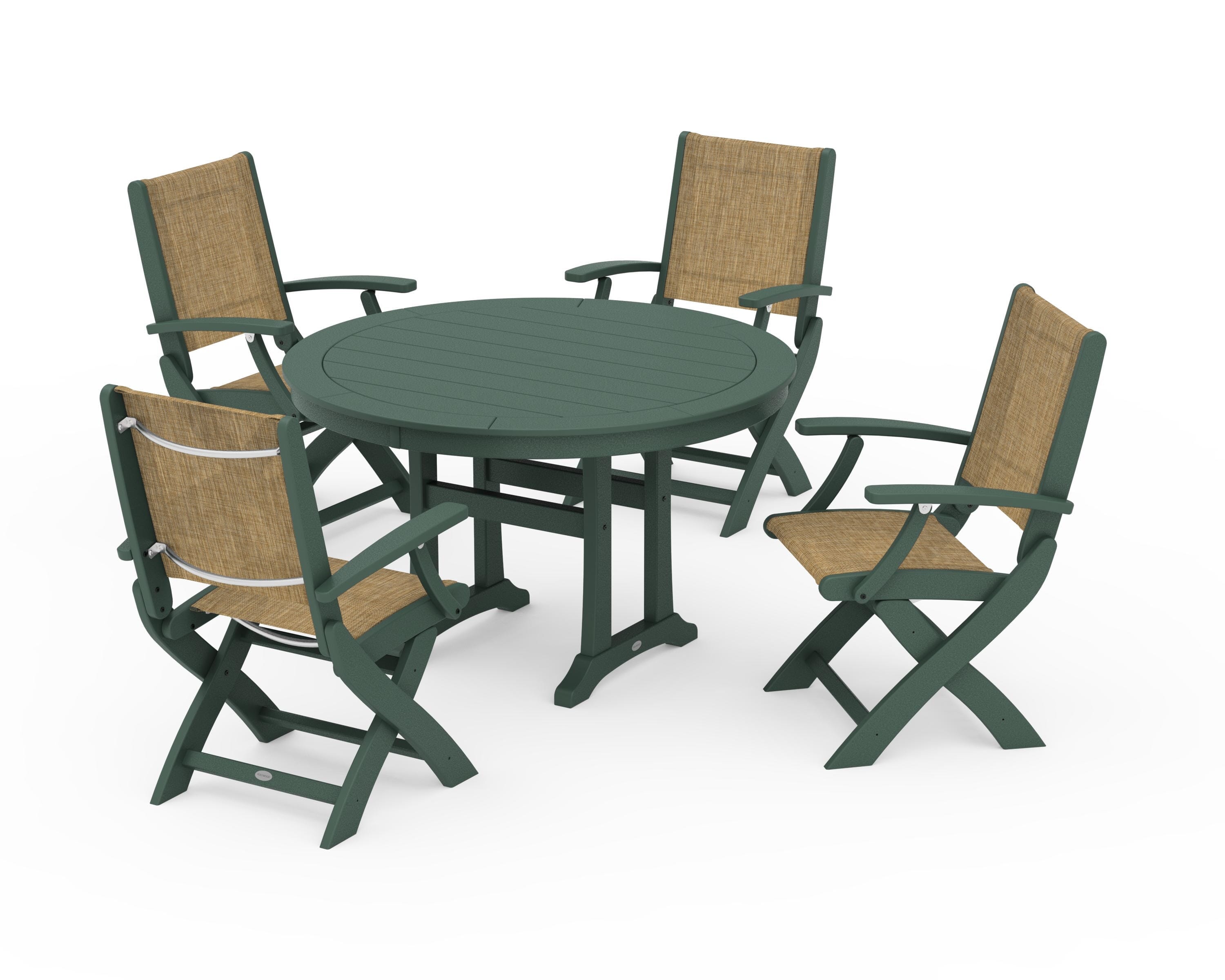 POLYWOOD Coastal Folding Chair 5-Piece Round Dining Set with Trestle Legs in Green / Burlap Sling