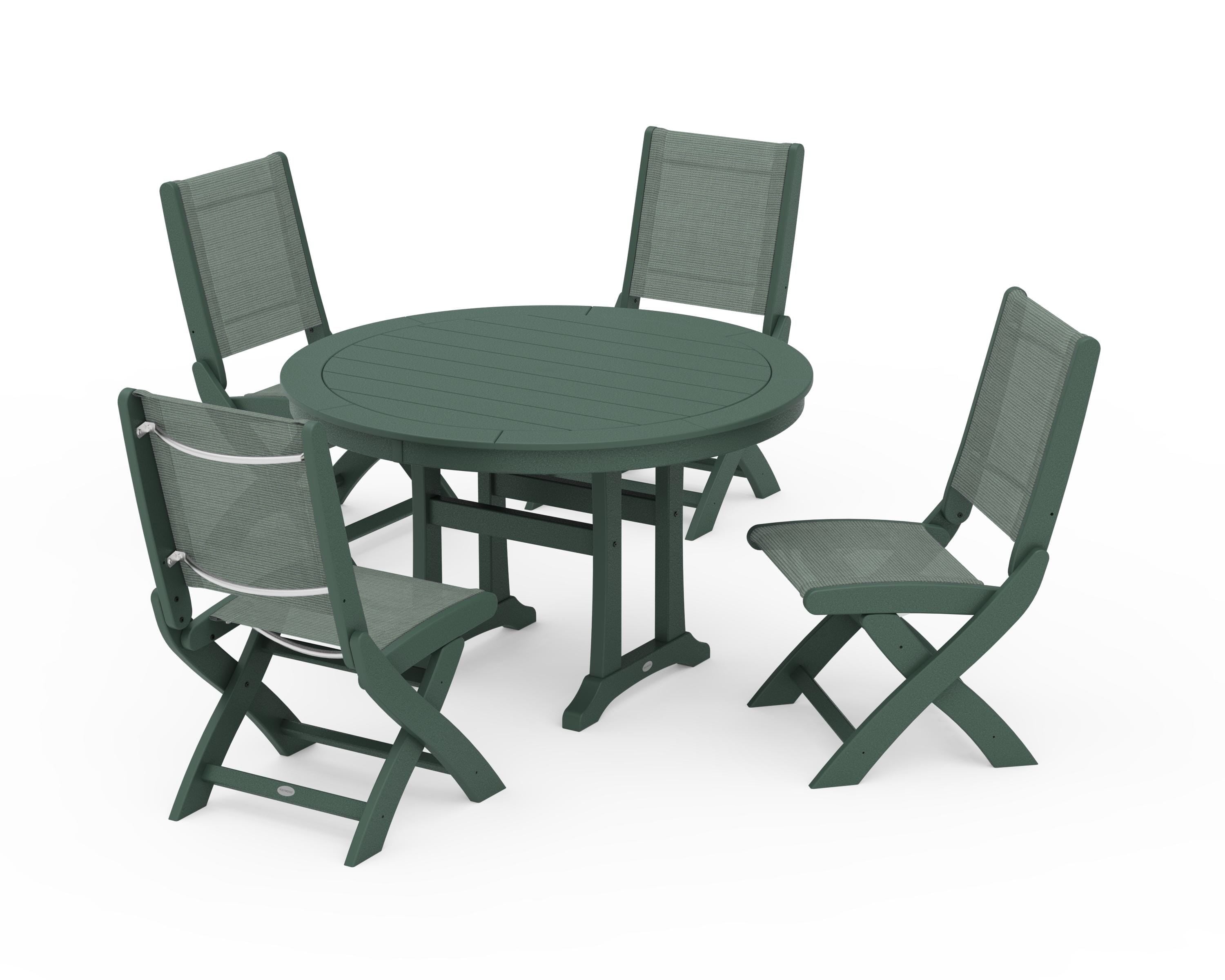 POLYWOOD Coastal Folding Side Chair 5-Piece Round Dining Set With Trestle Legs in Green / Dupioni Sea Mist Sling