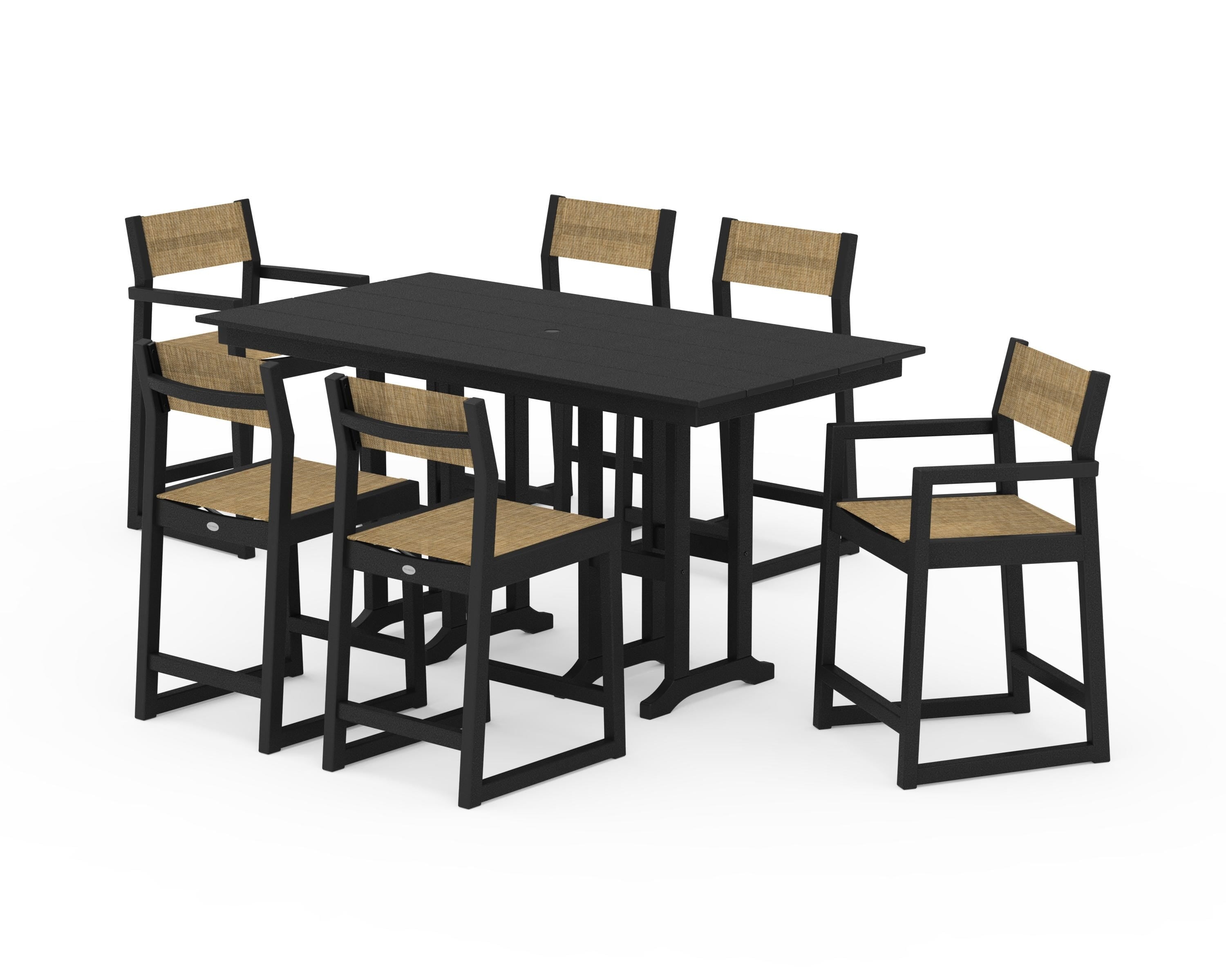 POLYWOOD EDGE Sling 7-Piece Farmhouse Counter Set in Black / Burlap Sling