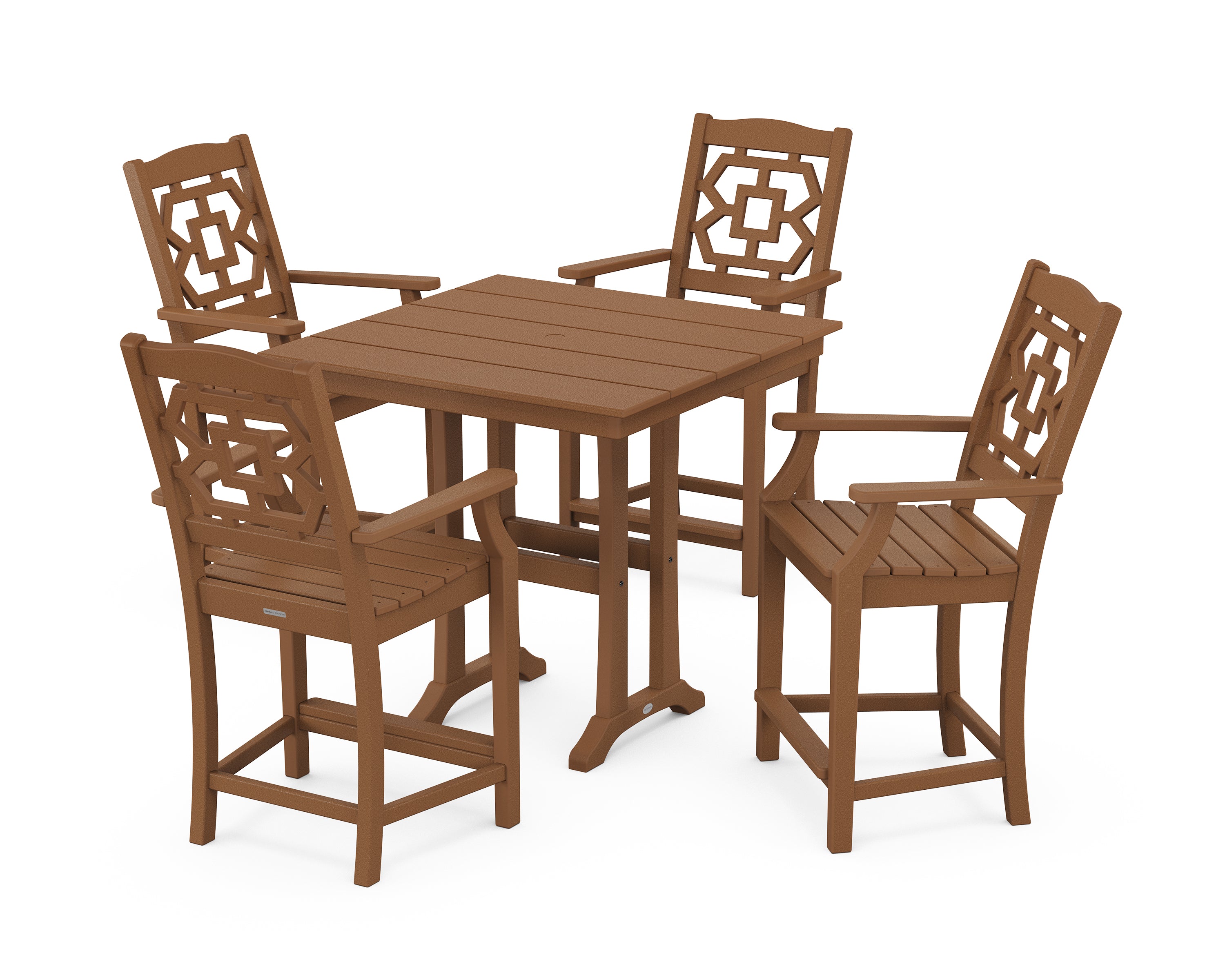 Martha Stewart by POLYWOOD® Chinoiserie 5-Piece Farmhouse Counter Set with Trestle Legs in Teak