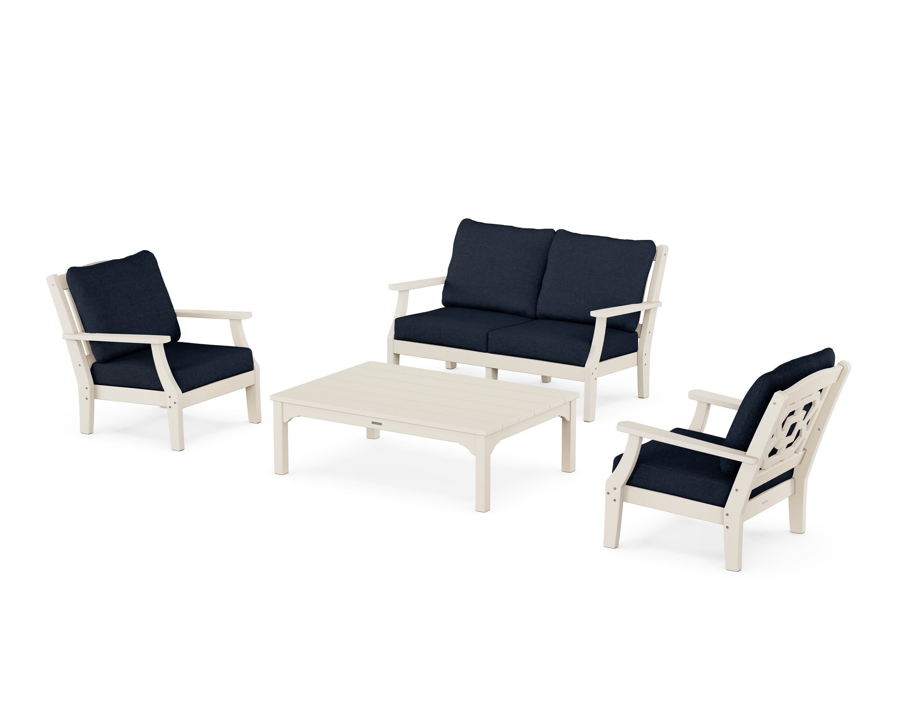 Martha Stewart by POLYWOOD Chinoiserie 4-Piece Deep Seating Set with Loveseat in Sand / Marine Indigo