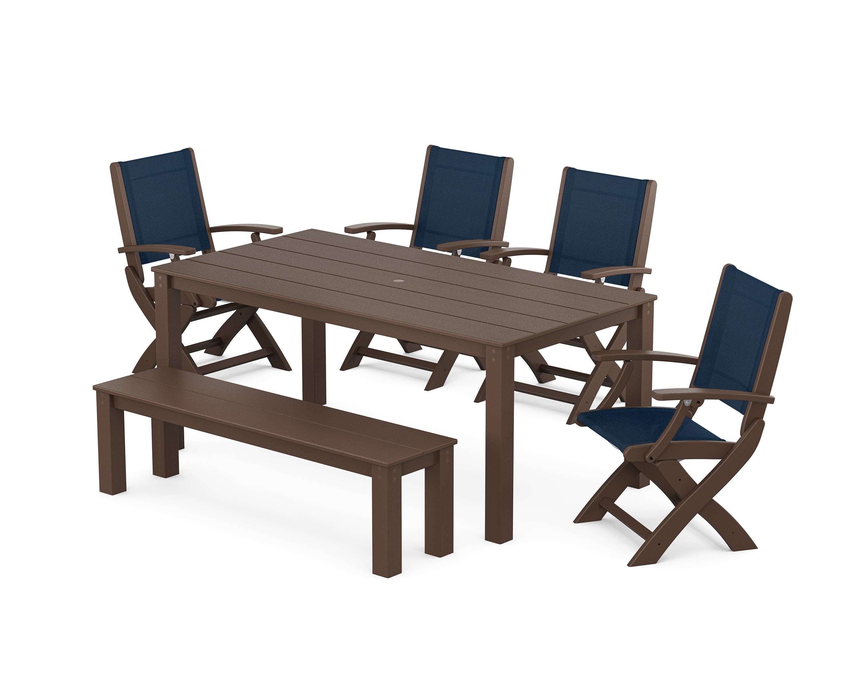 POLYWOOD Coastal Folding Chair 6-Piece Parsons Dining Set with Bench in Mahogany / Navy Blue Sling
