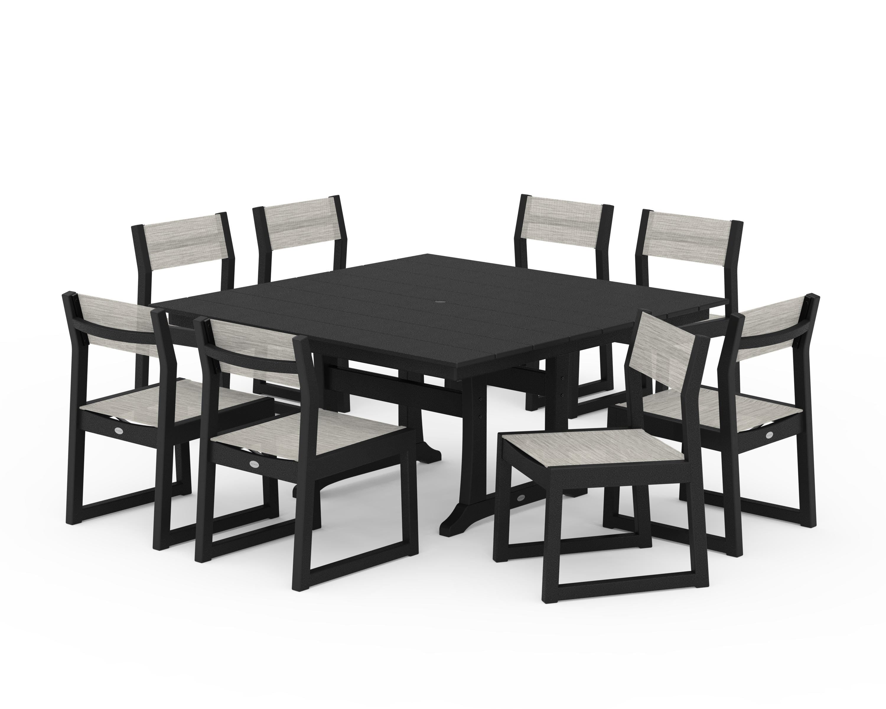 POLYWOOD EDGE Sling Side Chair 9-Piece Farmhouse Trestle Dining Set in Black / Birch Sling