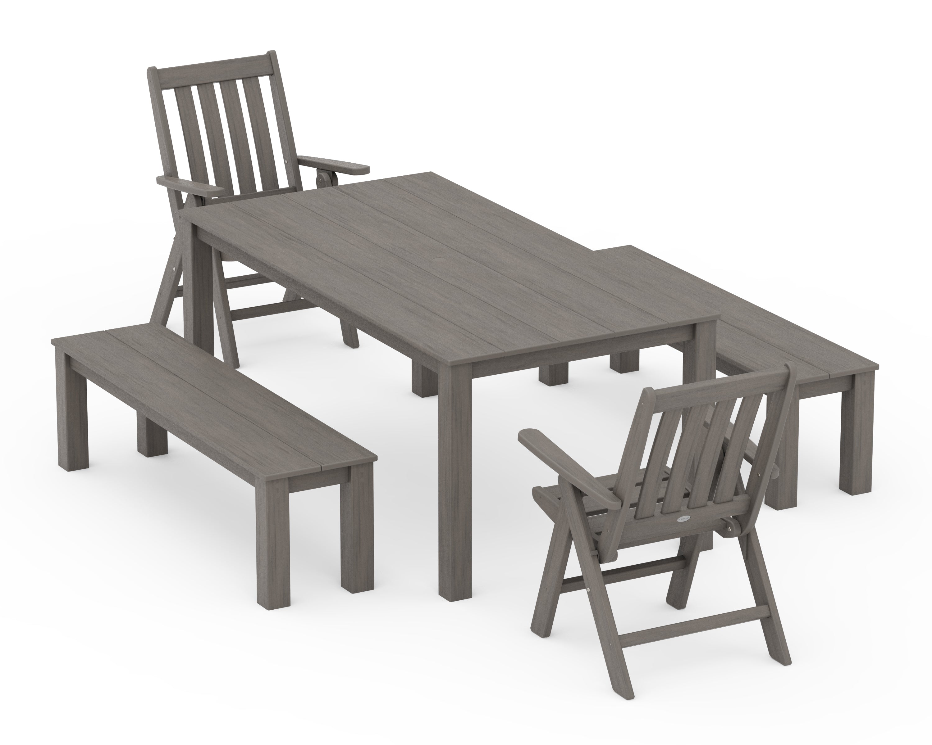 POLYWOOD Vineyard Folding Chair 5-Piece Parsons Dining Set with Benches in Driftwood