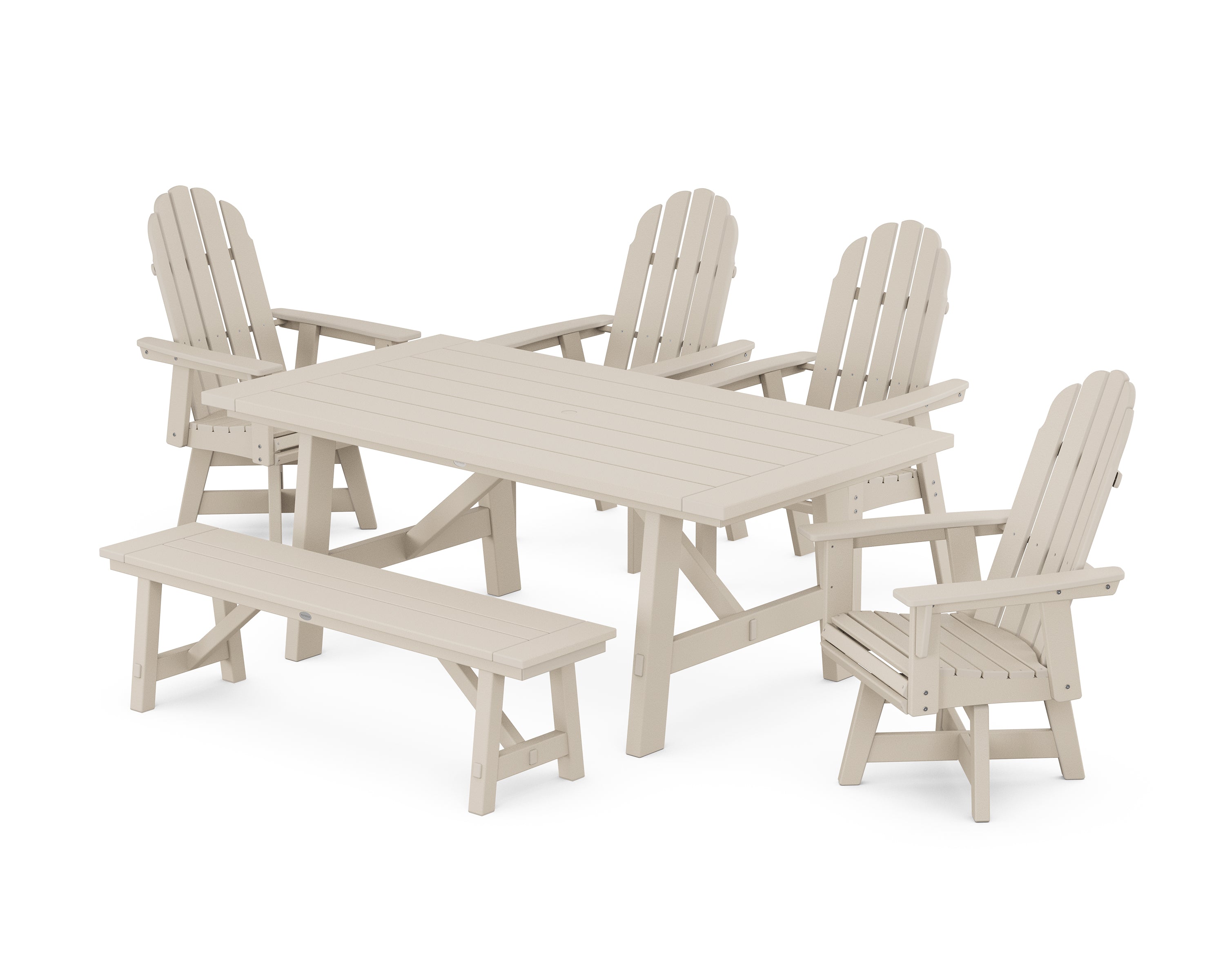 POLYWOOD® Vineyard Curveback Adirondack Swivel Chair 6-Piece Rustic Farmhouse Dining Set With Bench in Sand