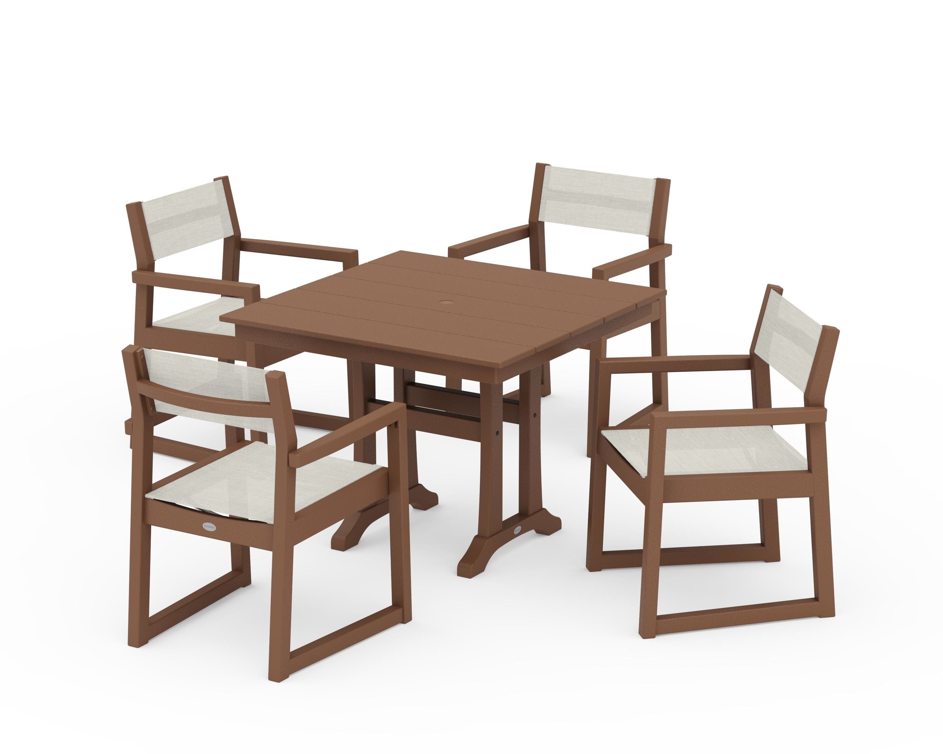 POLYWOOD EDGE Sling 5-Piece Farmhouse Dining Set with Trestle Legs in Teak / Parchment Sling