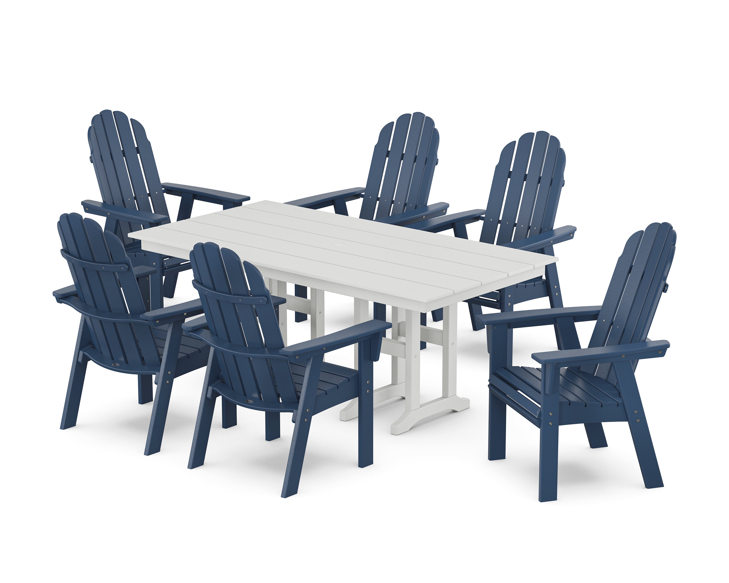 POLYWOOD Vineyard Curveback Adirondack Chair 7-Piece Farmhouse Dining Set in Navy / White