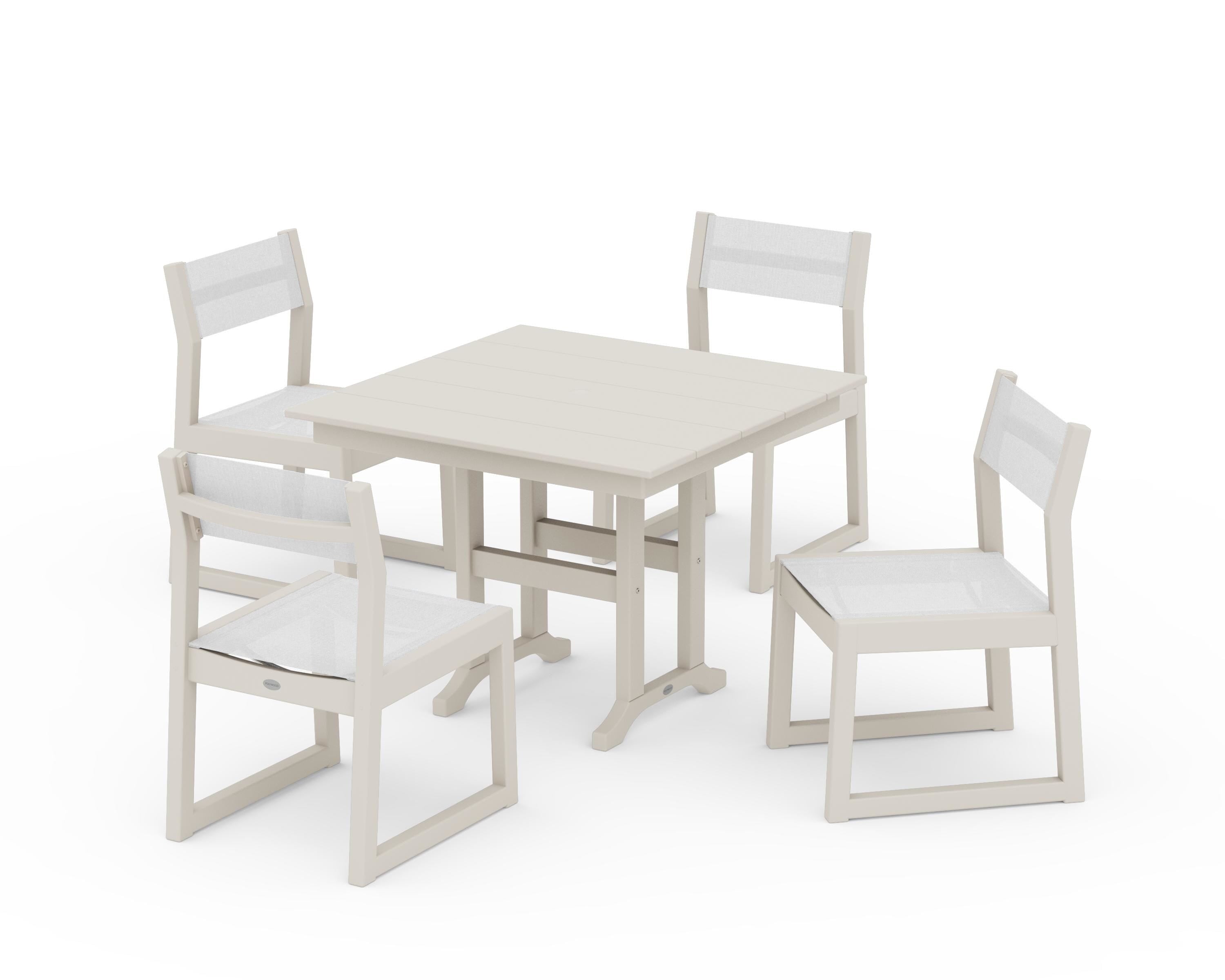 POLYWOOD EDGE Sling Side Chair 5-Piece Farmhouse Dining Set in Sand / White Sling
