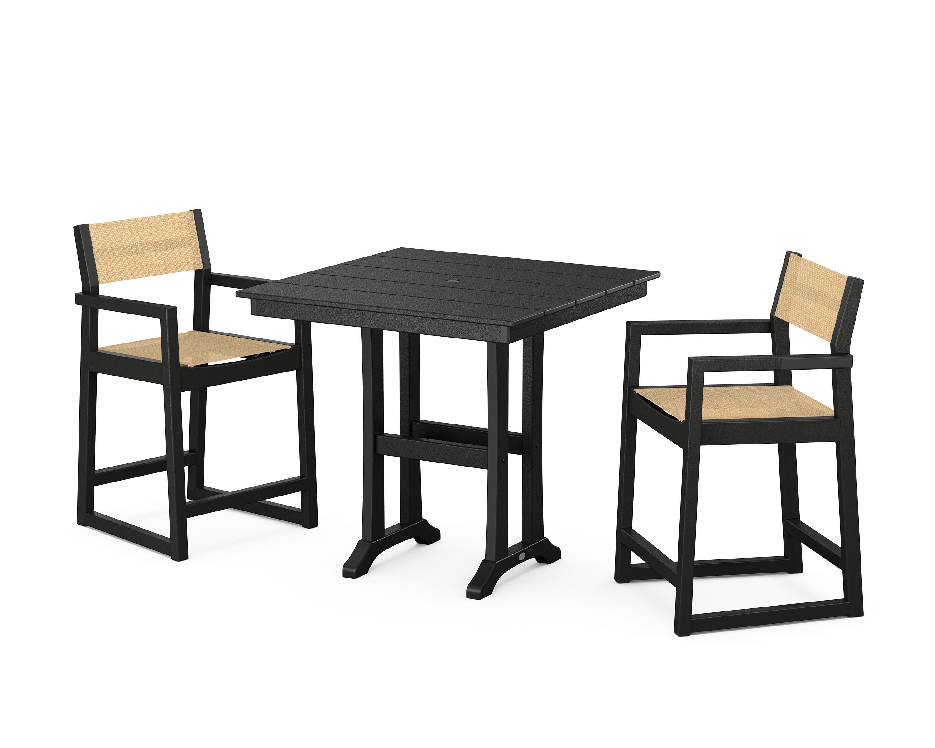 POLYWOOD EDGE Sling Arm Chair 3-Piece Farmhouse Counter Set with Trestle Legs in Black / Dupioni Apricot Sling