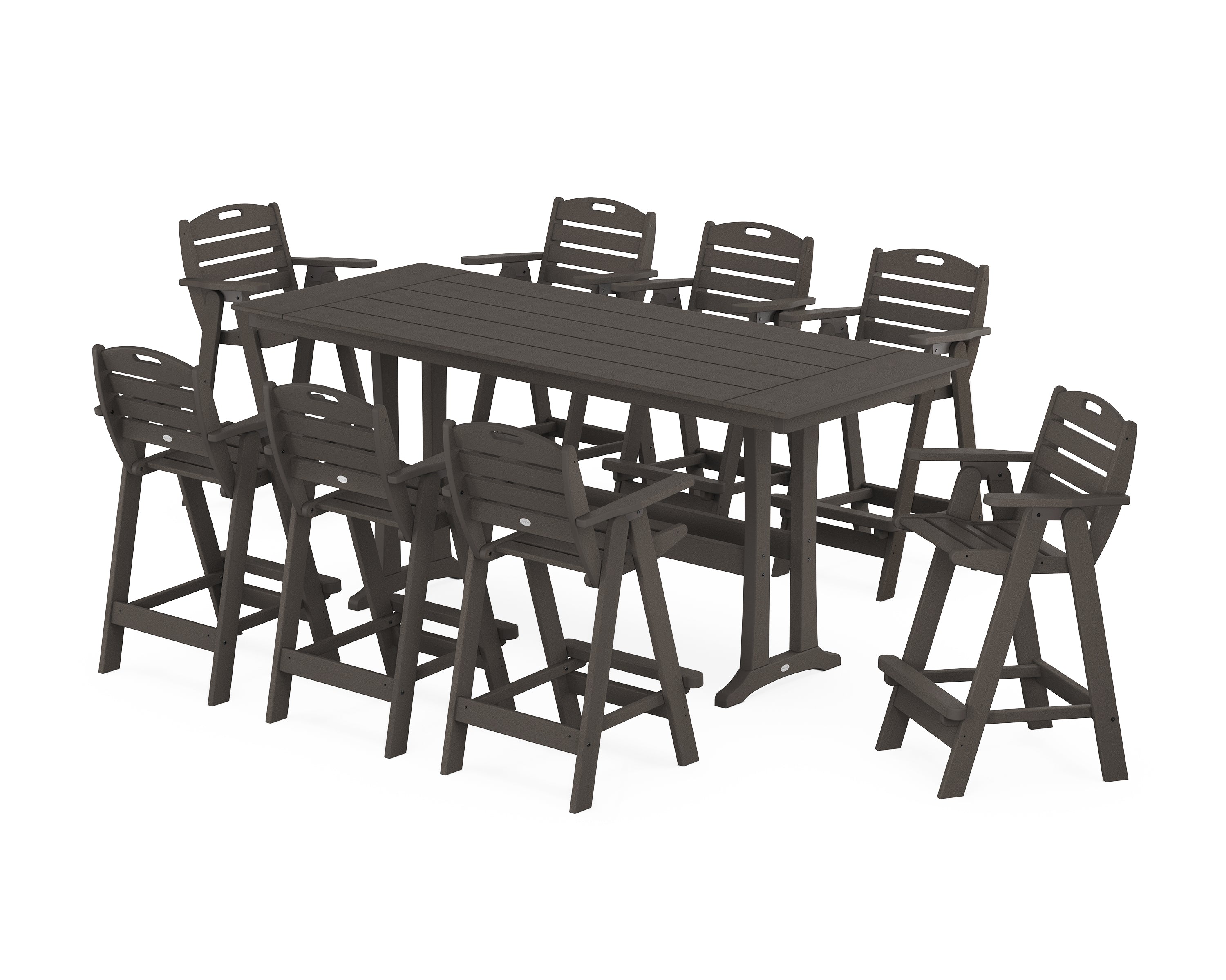 POLYWOOD® Nautical 9-Piece Farmhouse Bar Set with Trestle Legs in Vintage Coffee