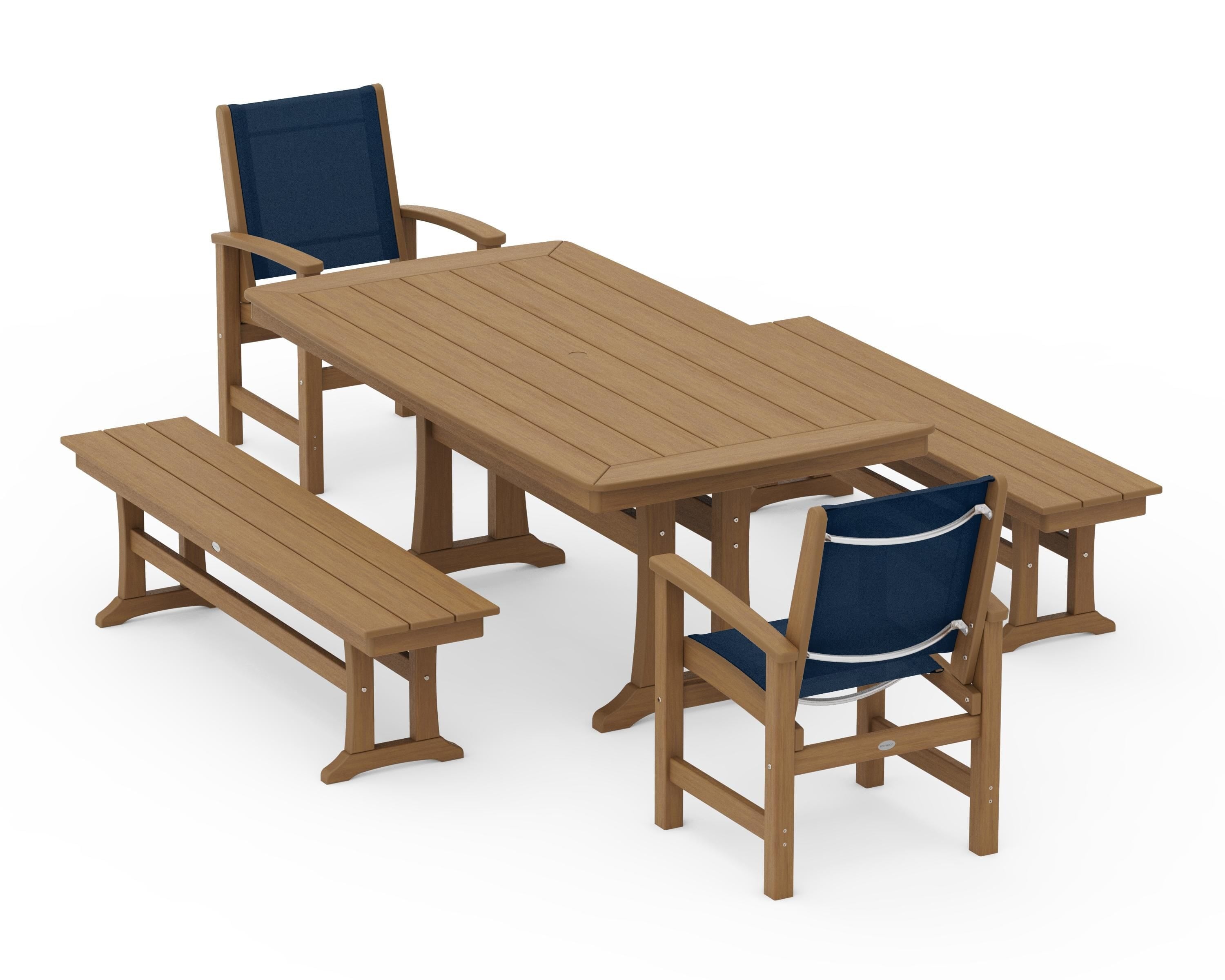 POLYWOOD Coastal 5-Piece Dining Set with Trestle Legs and Benches in Natural / Navy Blue Sling