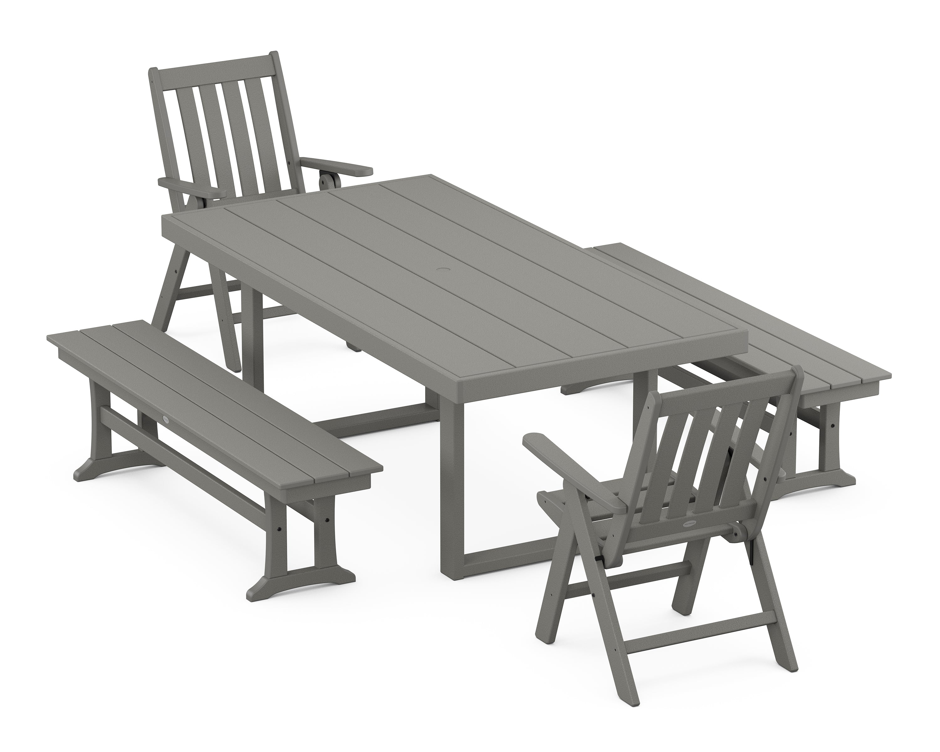 POLYWOOD® Vineyard Folding Chair 5-Piece Dining Set with Benches in Slate Grey