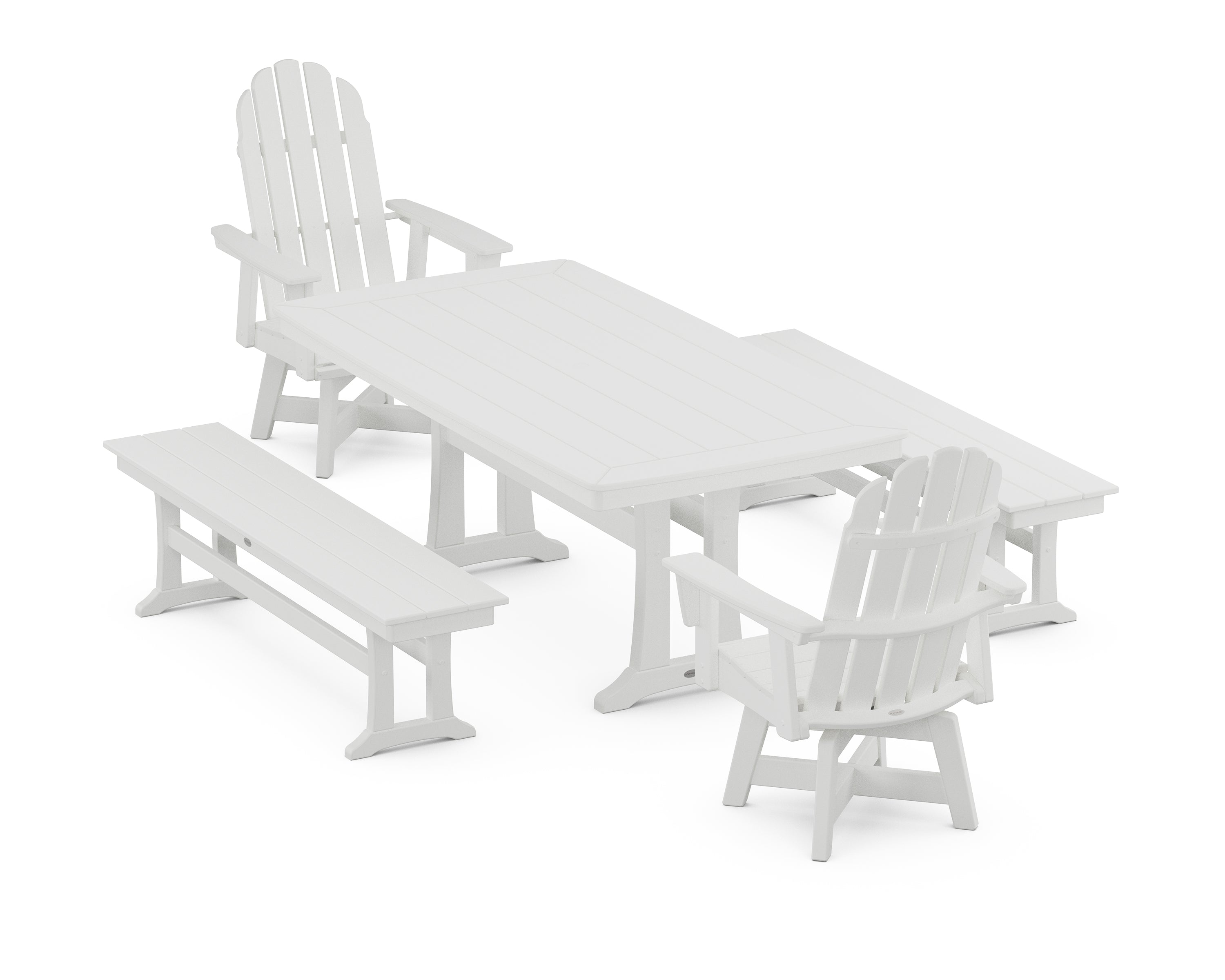 POLYWOOD® Vineyard Adirondack Swivel Chair 5-Piece Dining Set with Trestle Legs and Benches in White