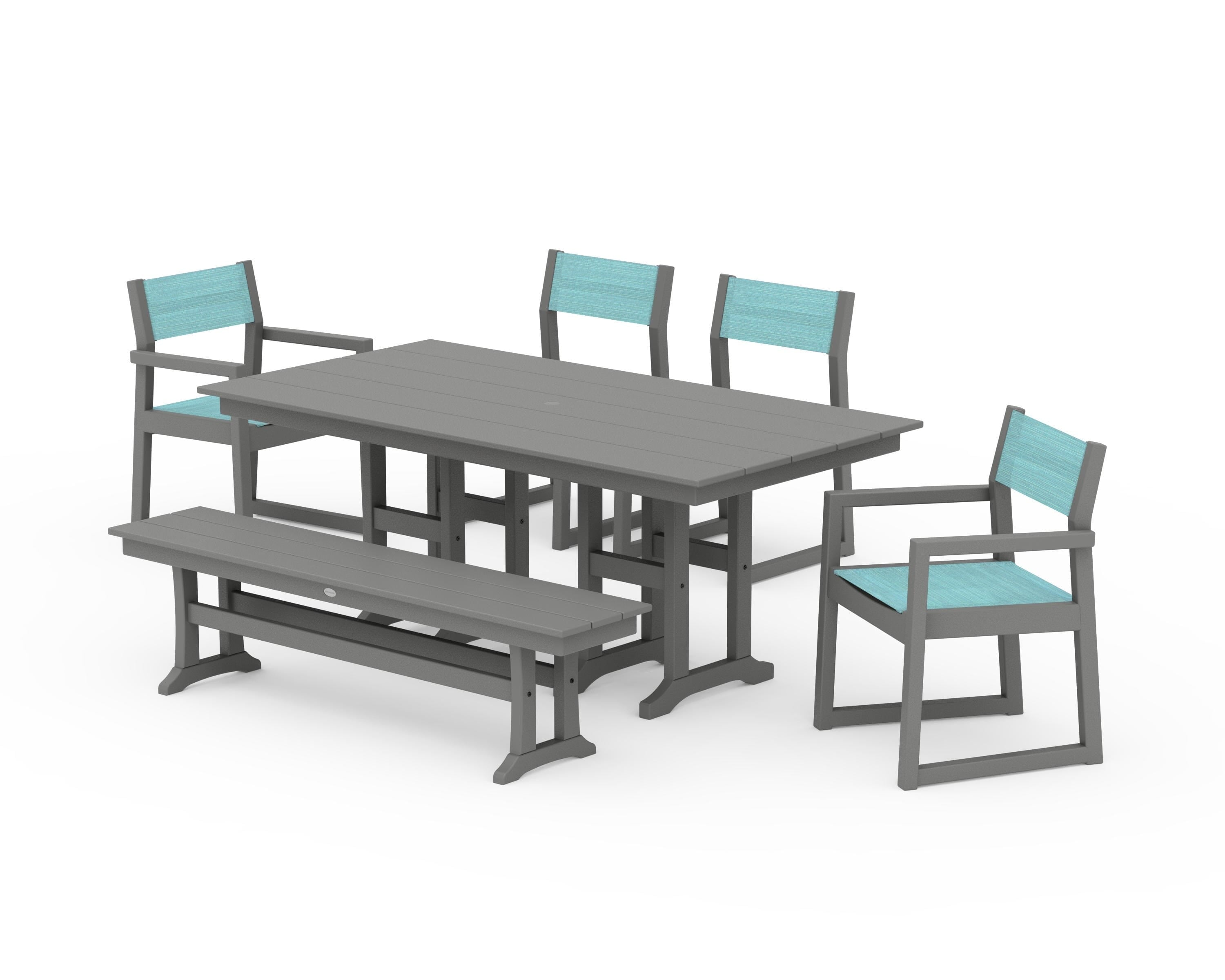 POLYWOOD EDGE Sling 6-Piece Farmhouse Dining Set in Slate Grey / Dupioni Aquamarine Sling