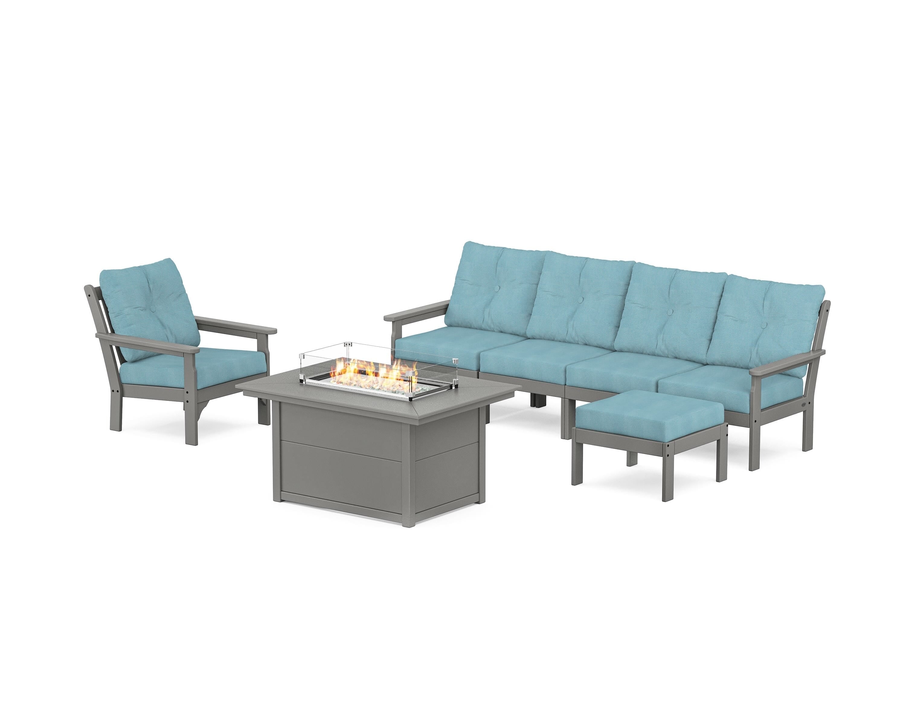 POLYWOOD Vineyard Sectional Lounge and Fire Pit Set in Slate Grey / Lattice Sky Blue