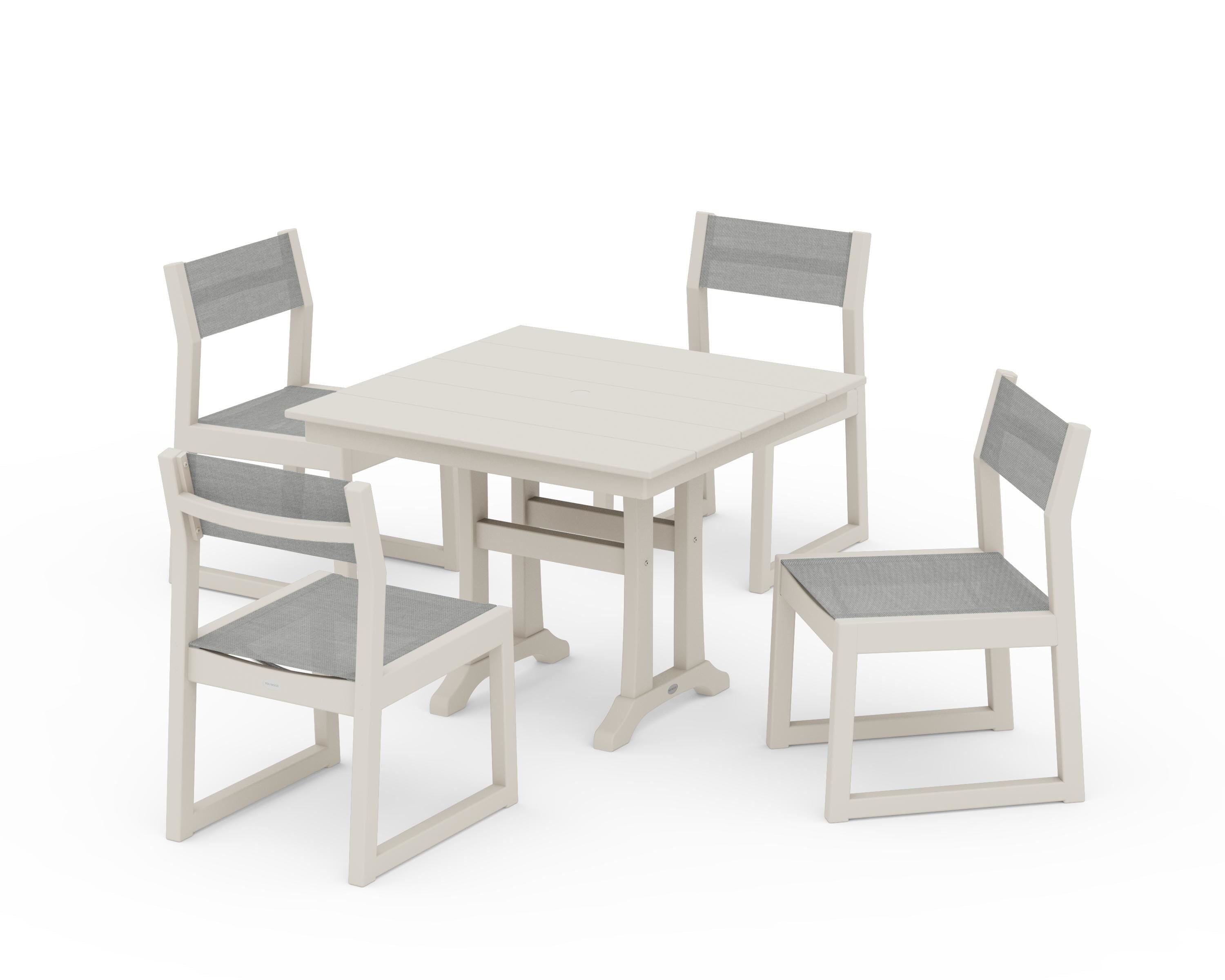 POLYWOOD EDGE Sling 5-Piece Farmhouse Trestle Side Chair Dining Set in Sand / Metallic Sling