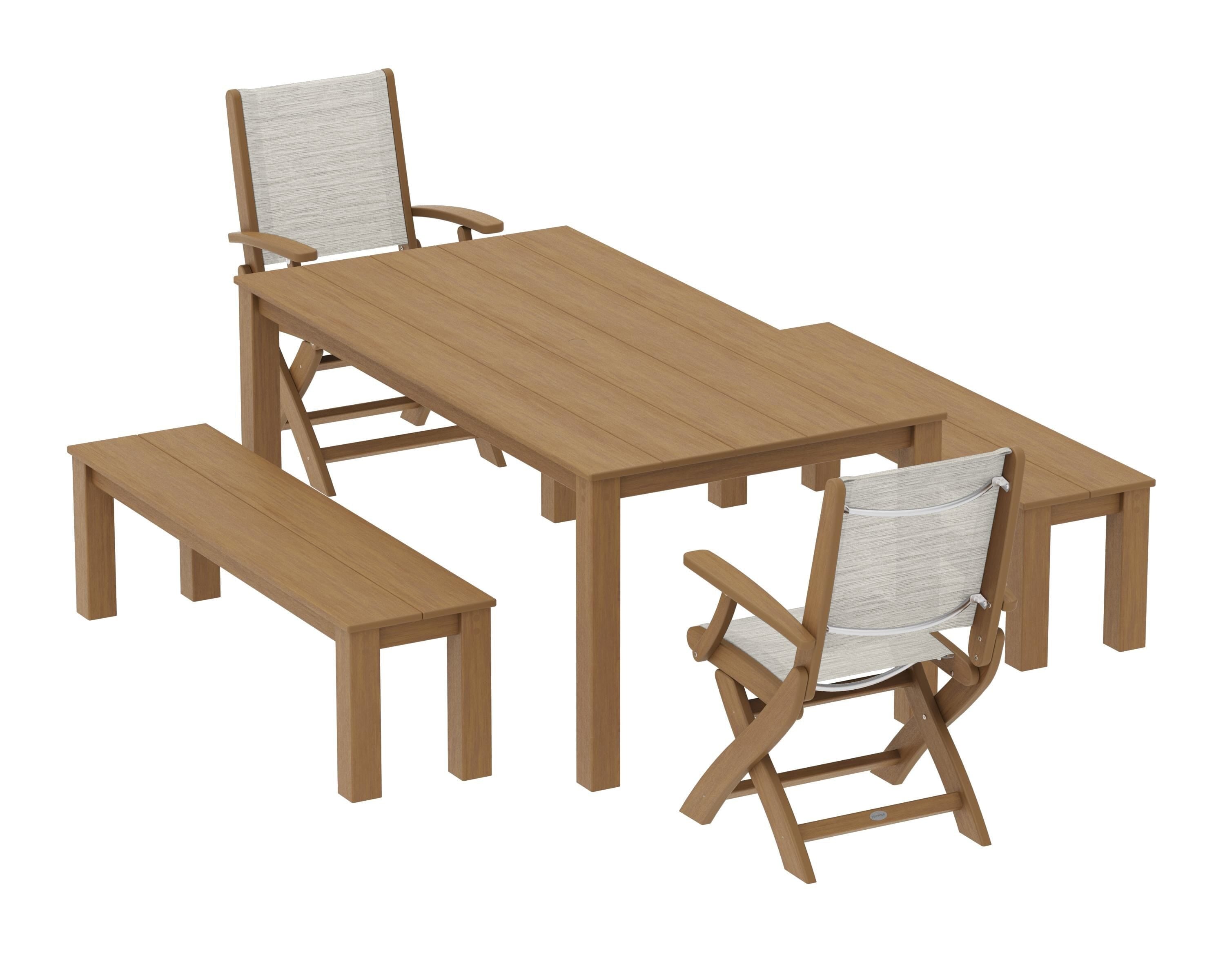 POLYWOOD Coastal Folding Chair 5-Piece Parsons Dining Set with Benches in Natural / Birch Sling