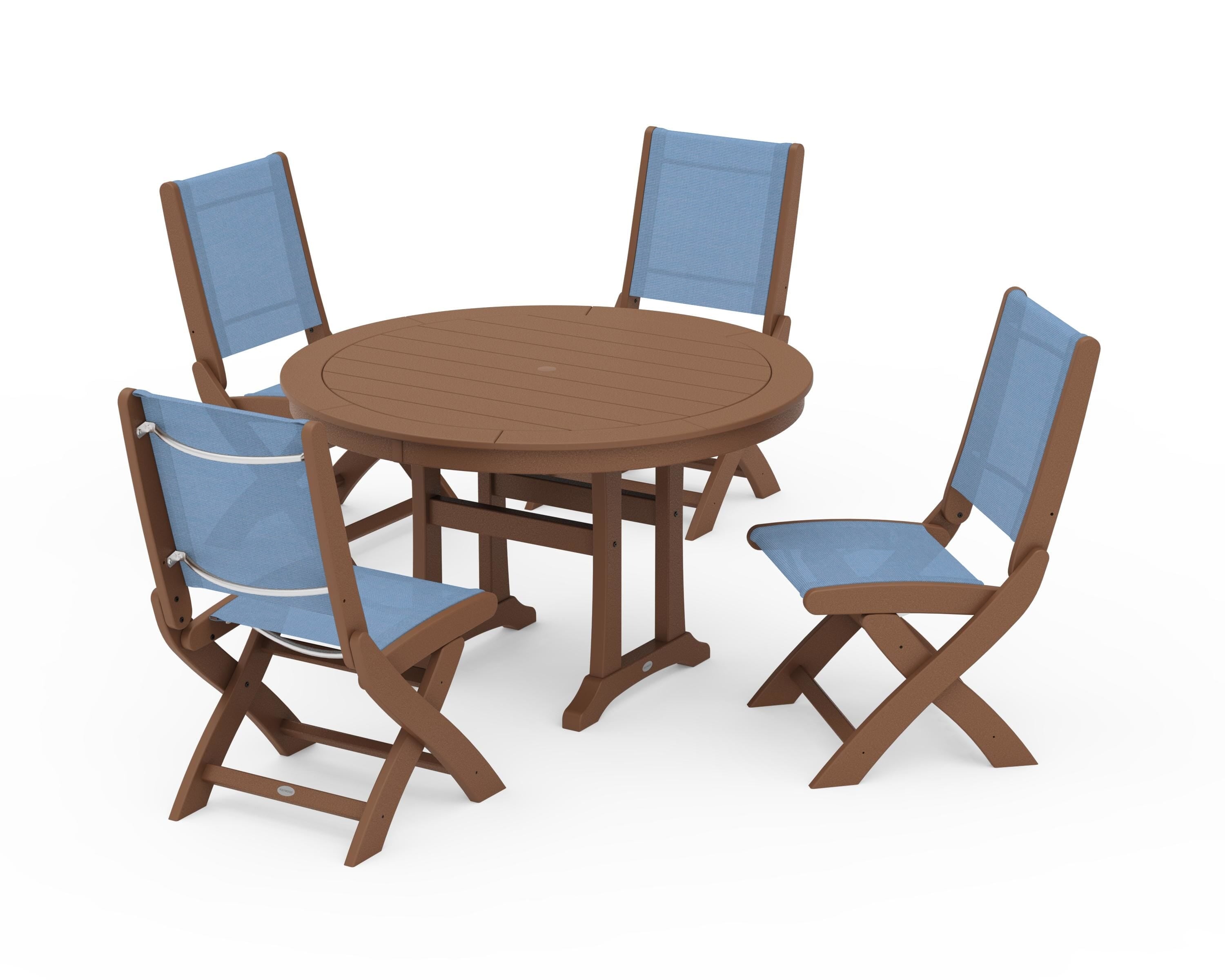 POLYWOOD Coastal Folding Side Chair 5-Piece Round Dining Set With Trestle Legs in Teak / Poolside Sling