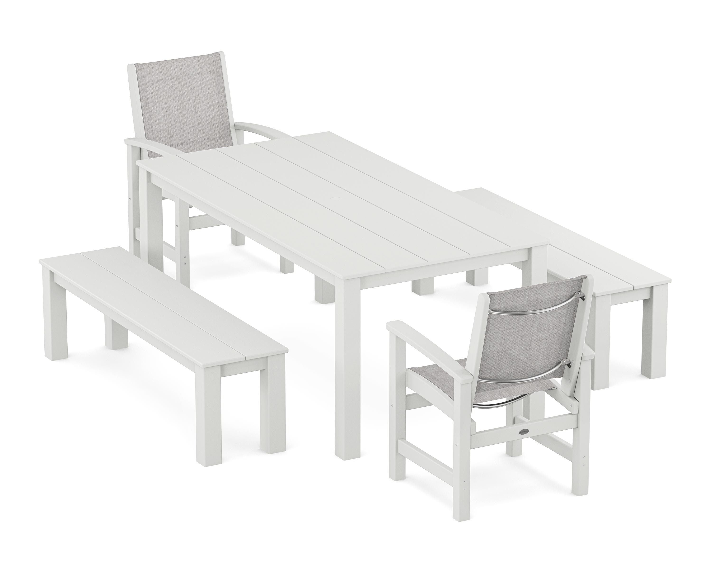 POLYWOOD Coastal 5-Piece Parsons Dining Set with Benches in White / Parchment Sling
