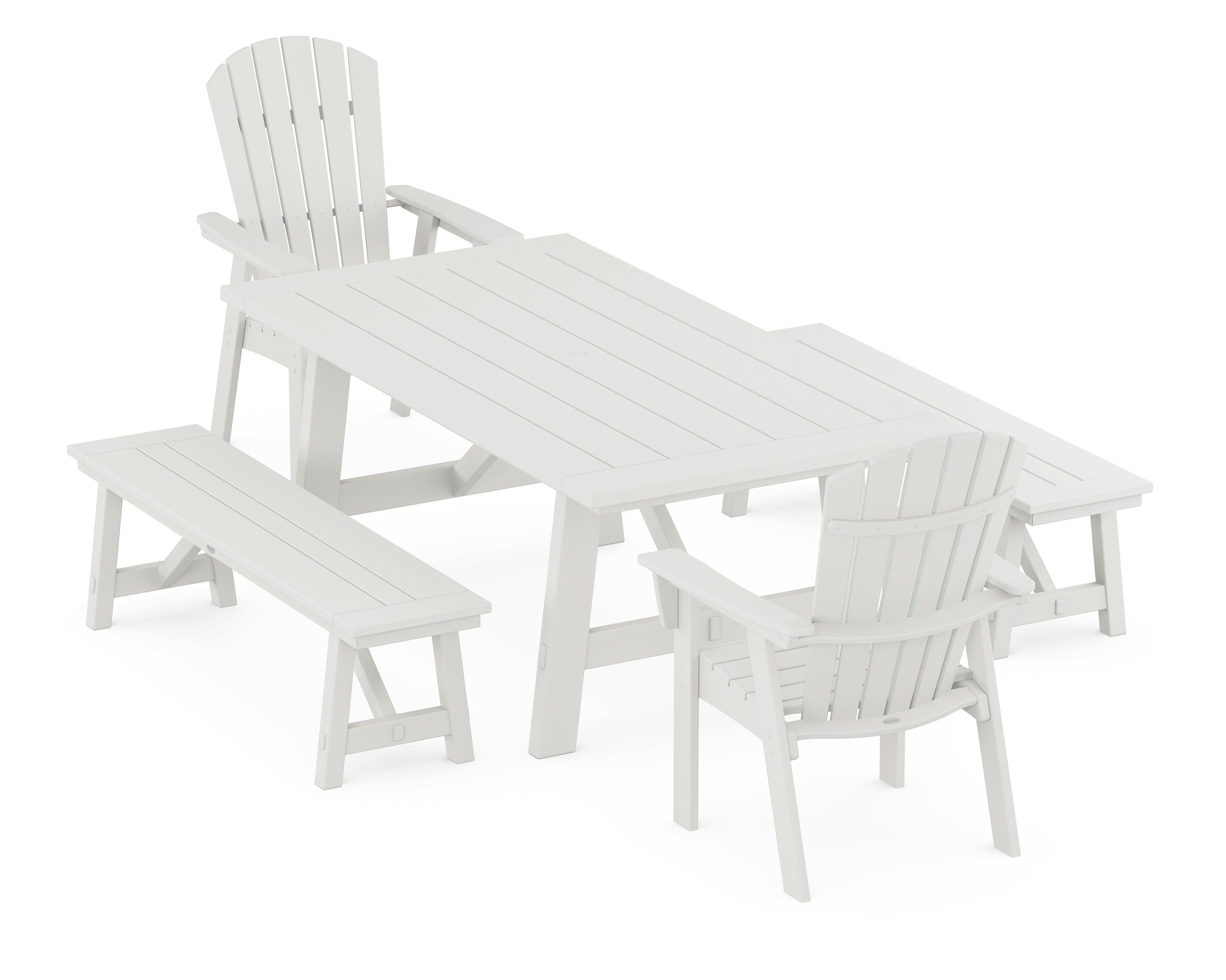 POLYWOOD® Nautical Curveback Adirondack 5-Piece Rustic Farmhouse Dining Set With Benches in Vintage White