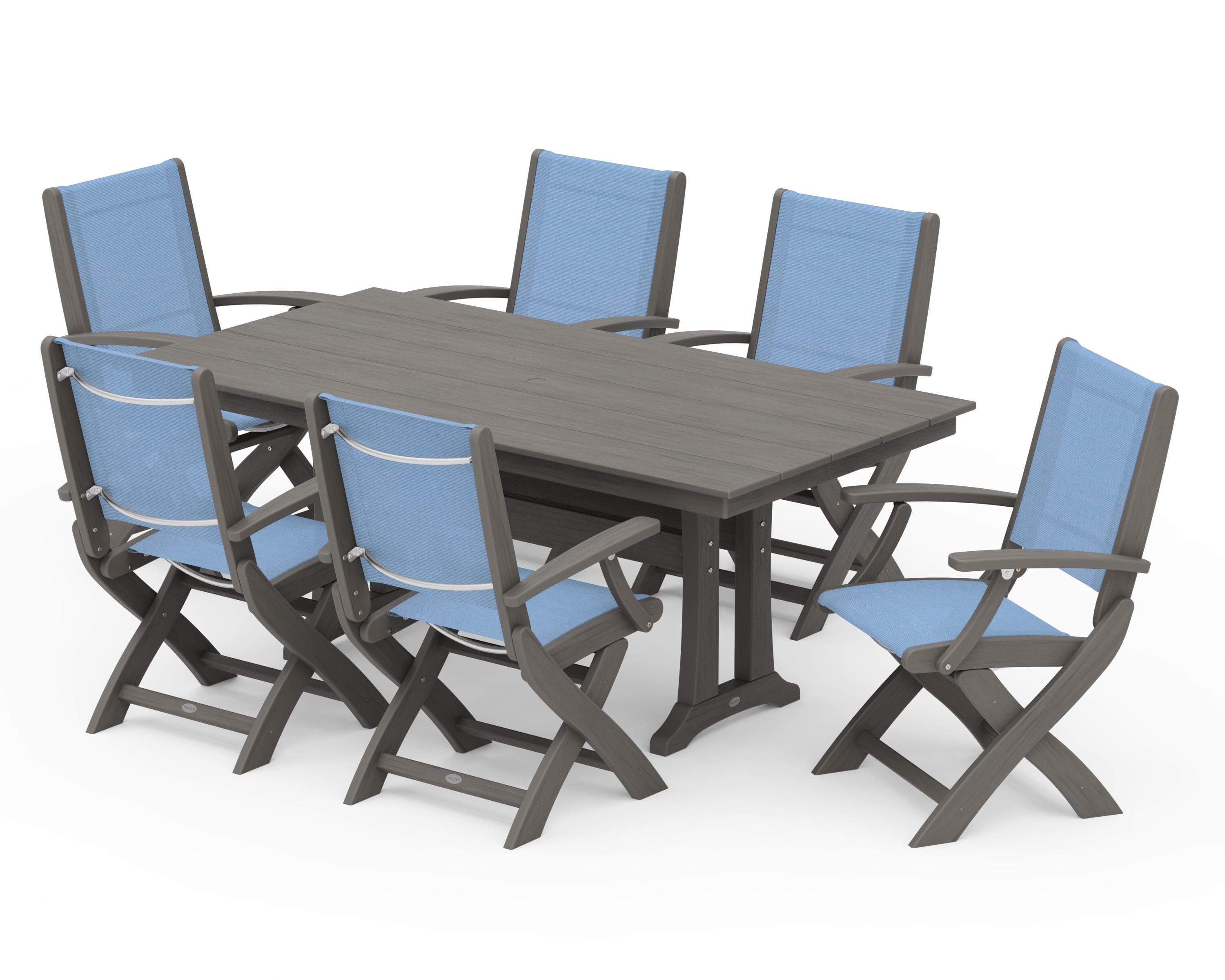 POLYWOOD Coastal Folding Arm Chair 7-Piece Farmhouse Dining Set with Trestle Legs in Driftwood / Poolside Sling
