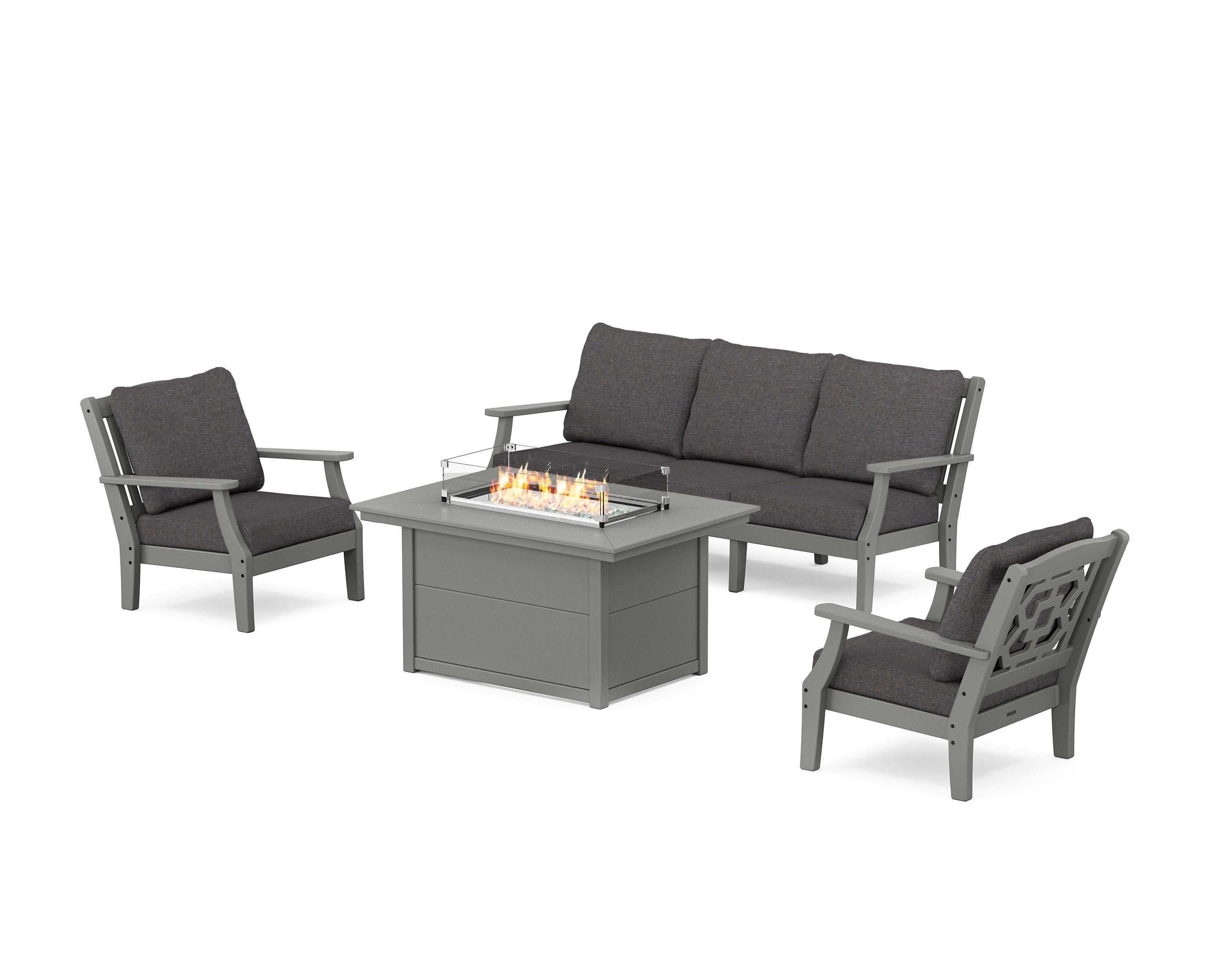 Martha Stewart by POLYWOOD Chinoiserie Deep Seating Fire Pit Table Set in Slate Grey / Ash Charcoal