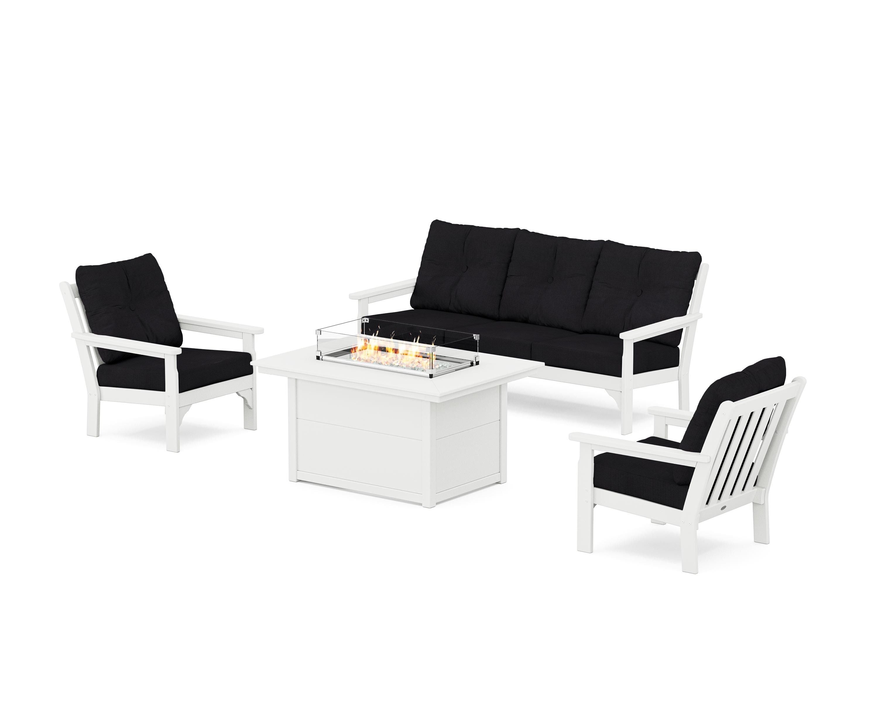 POLYWOOD Vineyard Deep Seating Fire Pit Table Set in White / Midnight Linen