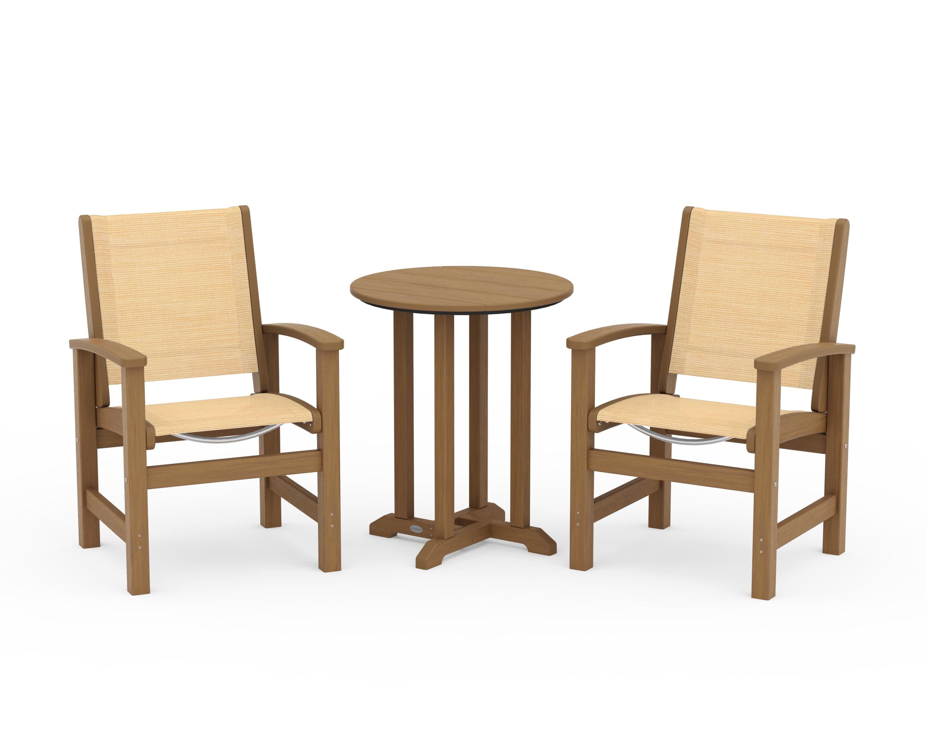 POLYWOOD Coastal 3-Piece Round Bistro Dining Set in Natural / Dupioni Apricot Sling